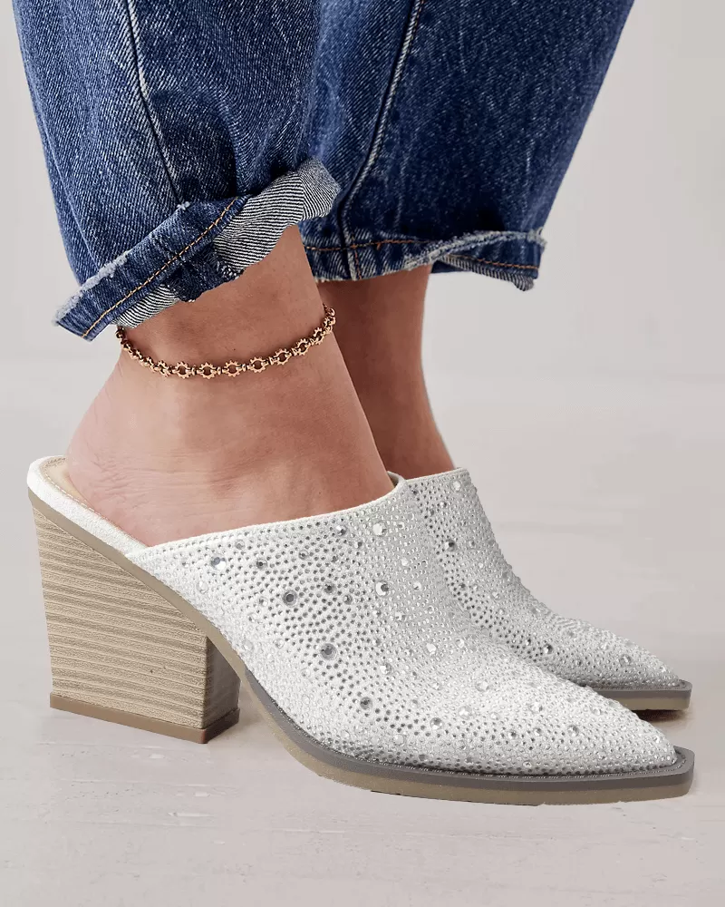 Rhinestone Pointed Toe Chunky Heel Clogs