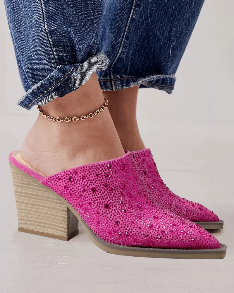 Rhinestone Pointed Toe Chunky Heel Clogs