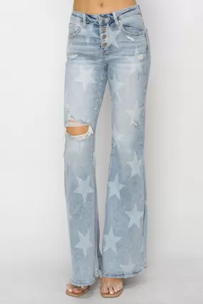 RISEN Flare-Jeans mit mittelhohem Bund und Knöpfen und Fly-Start-Print