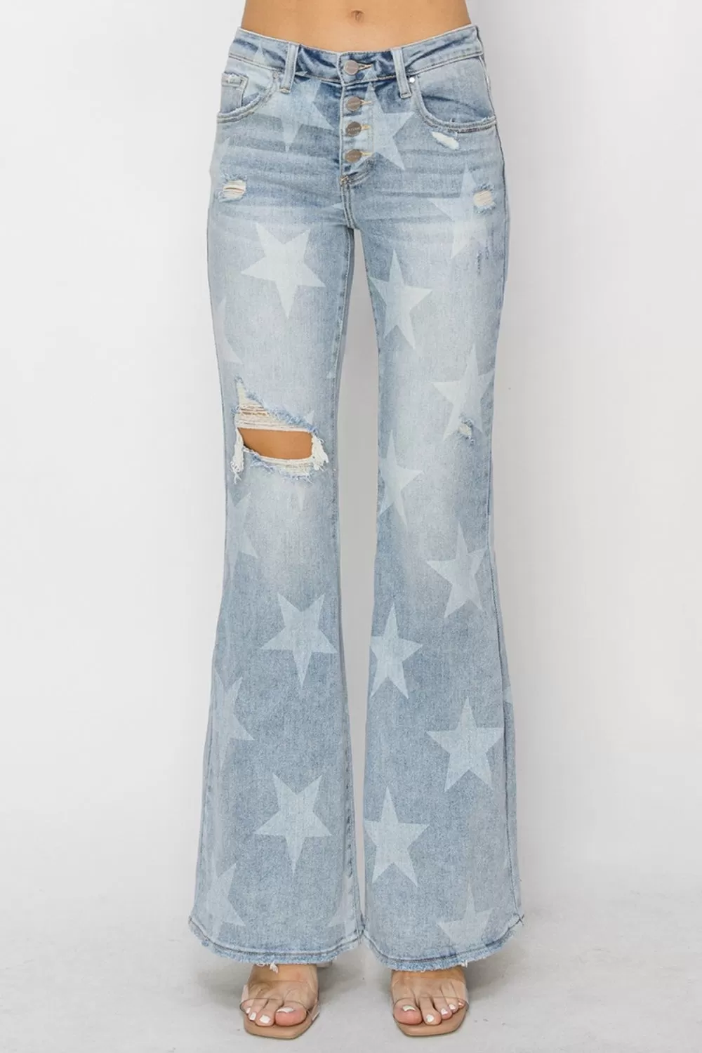 RISEN Flare-Jeans mit mittelhohem Bund und Knöpfen und Fly-Start-Print