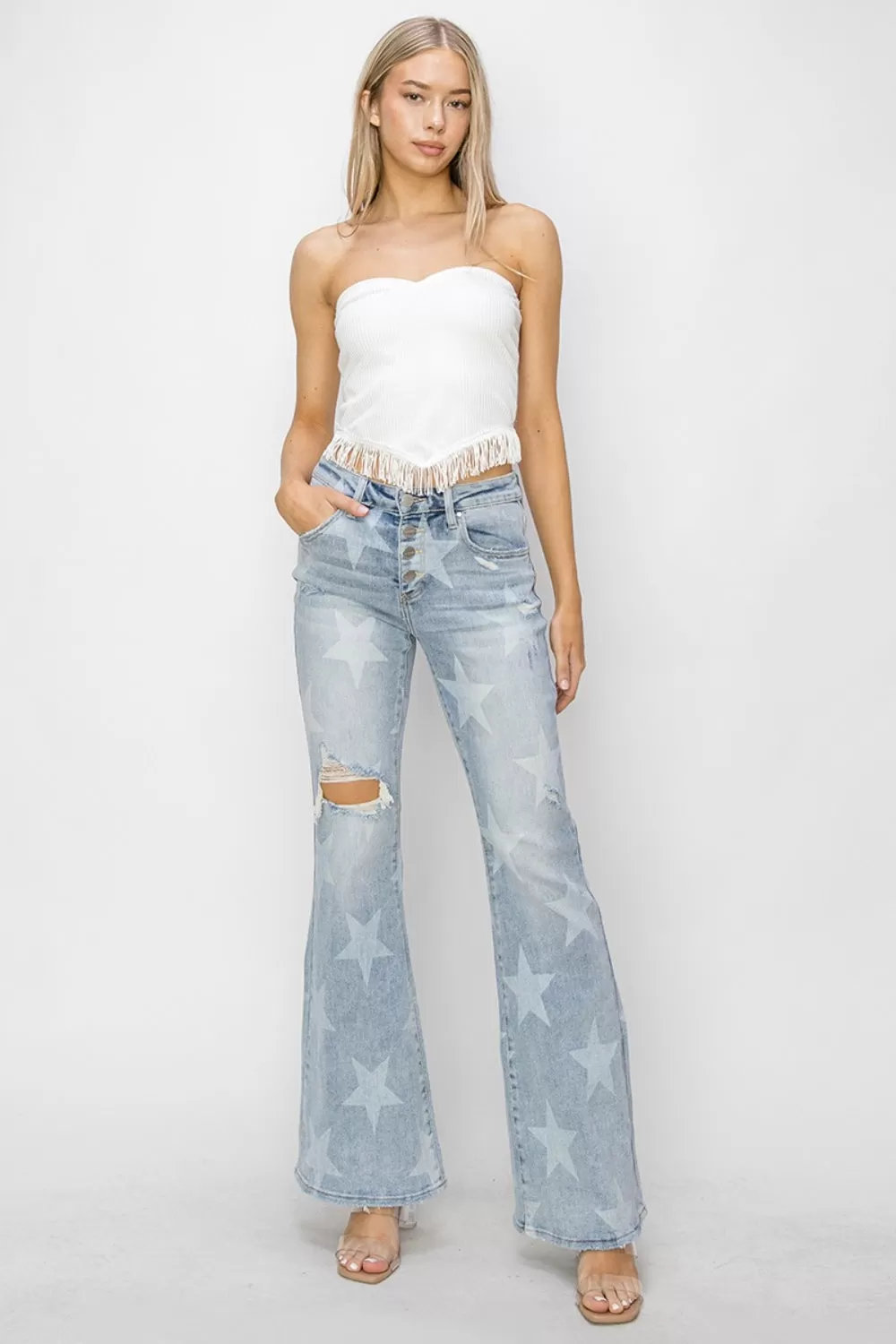 RISEN Flare-Jeans mit mittelhohem Bund und Knöpfen und Fly-Start-Print