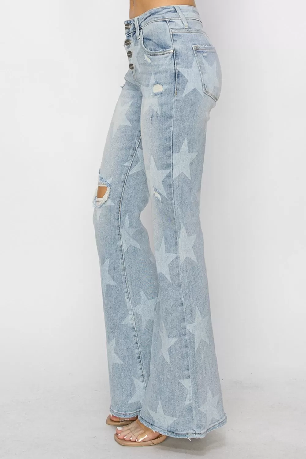 RISEN Flare-Jeans mit mittelhohem Bund und Knöpfen und Fly-Start-Print