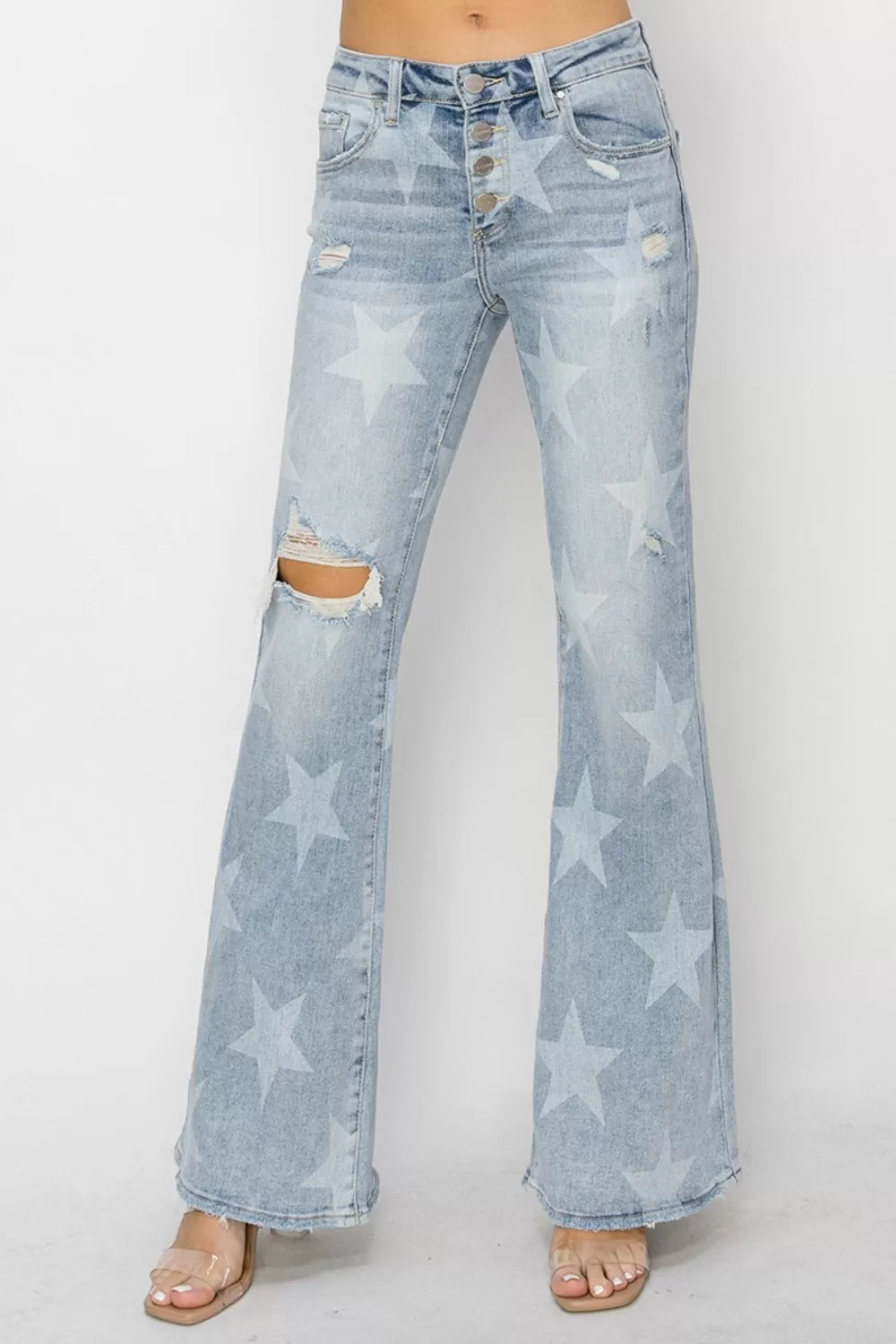 RISEN Flare-Jeans mit mittelhohem Bund und Knöpfen und Fly-Start-Print