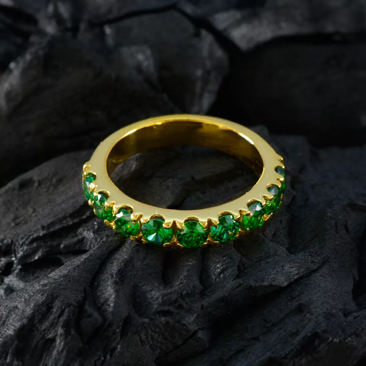 Riyo Charming Silver Ring With Yellow Gold Plating Emerald CZ Stone Round Shape Prong Setting Fashion Jewelry Cocktail Ring