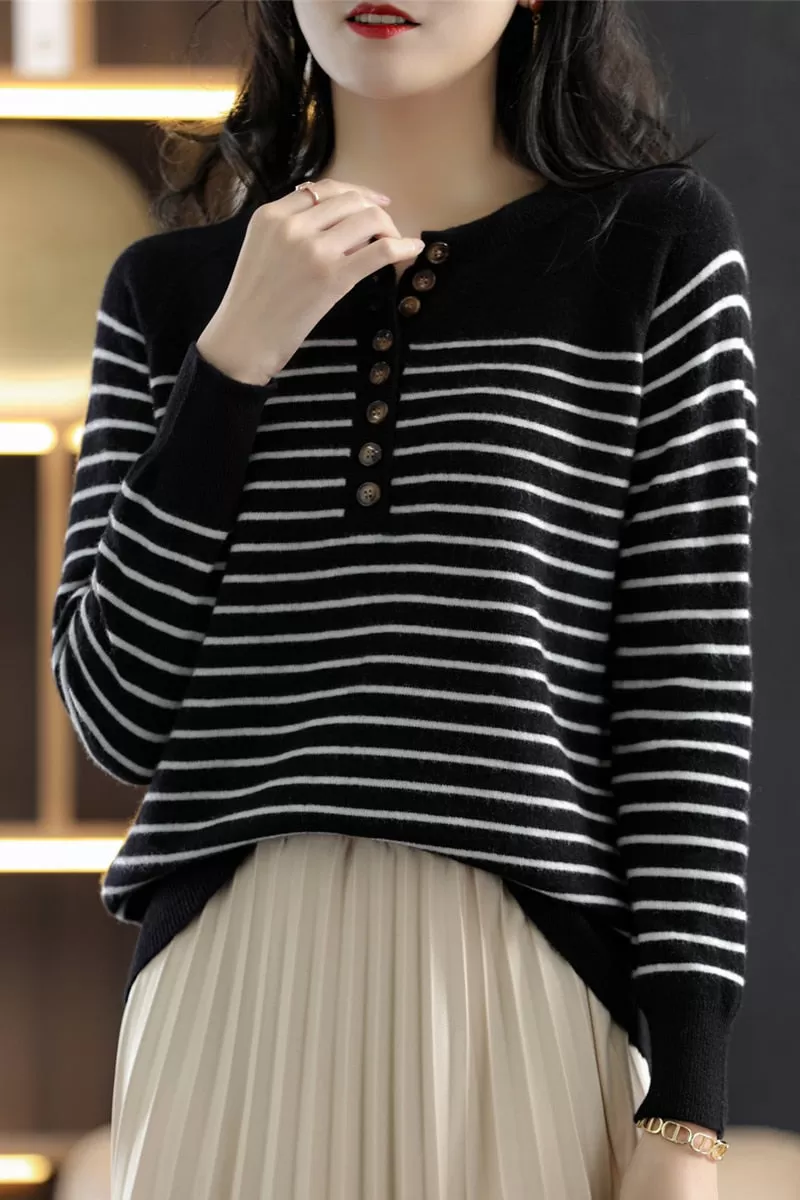 Round Neck Striped Knit Sweater