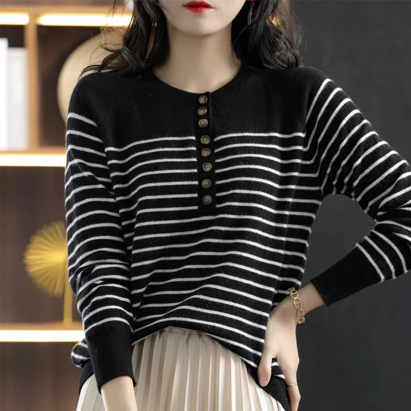 Round Neck Striped Knit Sweater