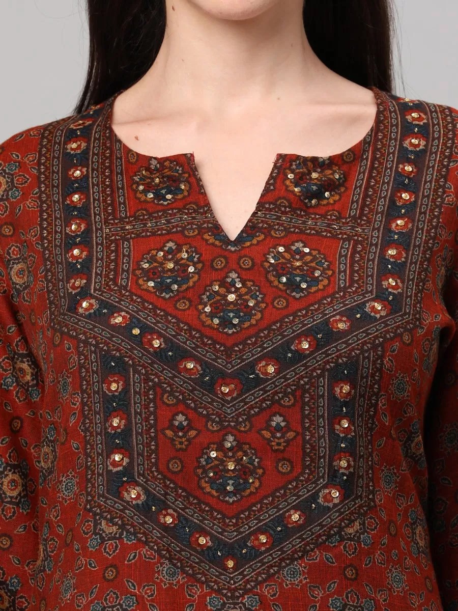 Rust Ornamental Printed Kurta