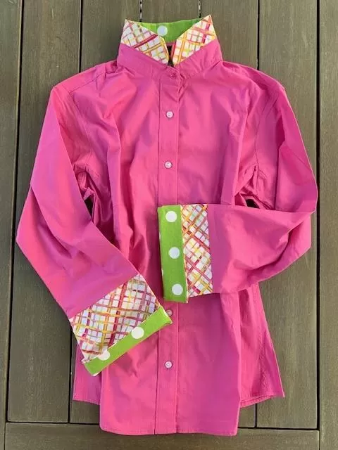 SALE - S ONLY - Bell Sleeve Shirt - Pink w Green Polka Dots and Pink Plaid (B02)  **FINAL SALE**