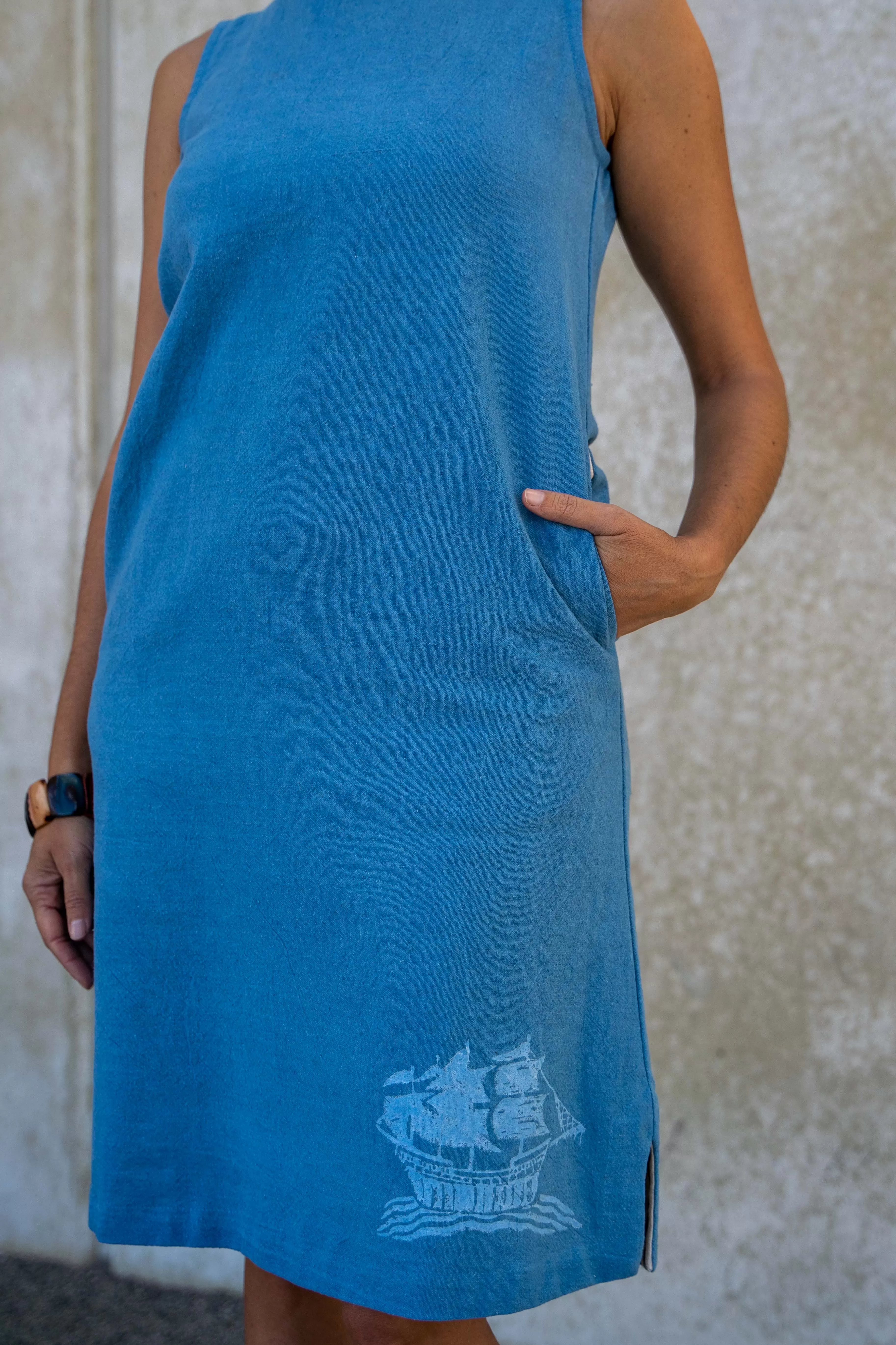 Sleeveless Shift Dress | Ship Print on Indigo