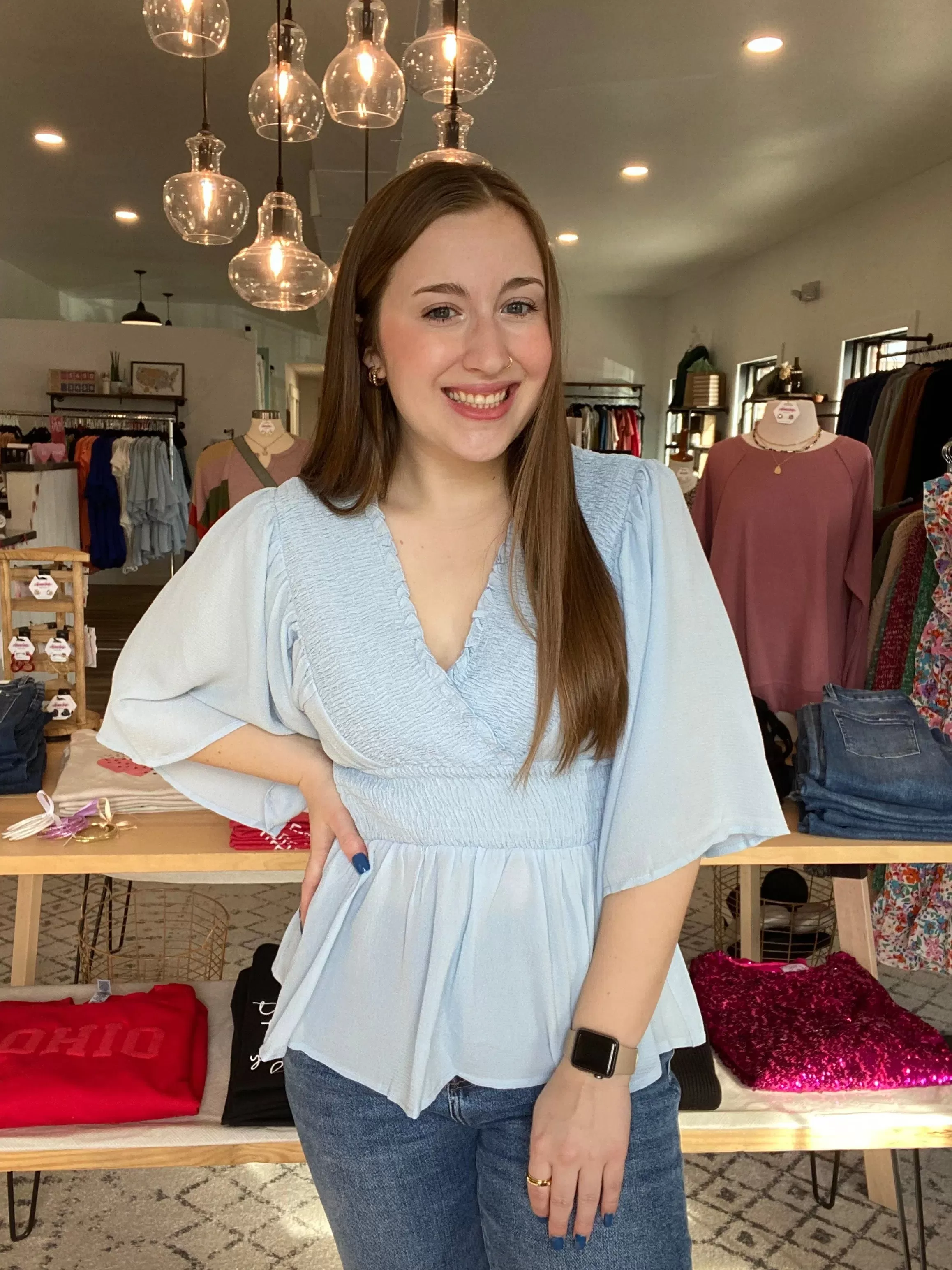 Smocked Surplice Peplum Blouse - Baby Blue