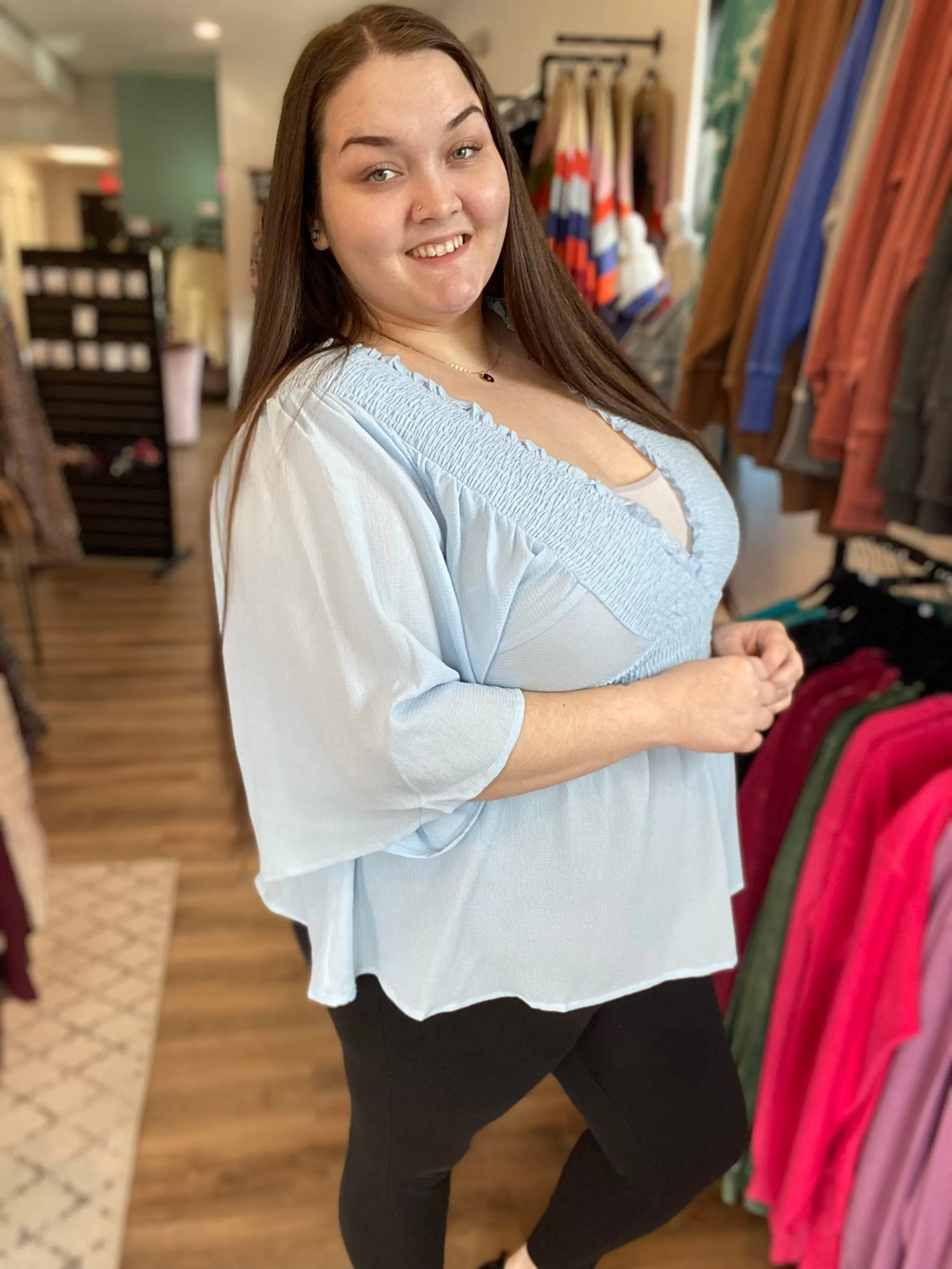 Smocked Surplice Peplum Blouse - Baby Blue