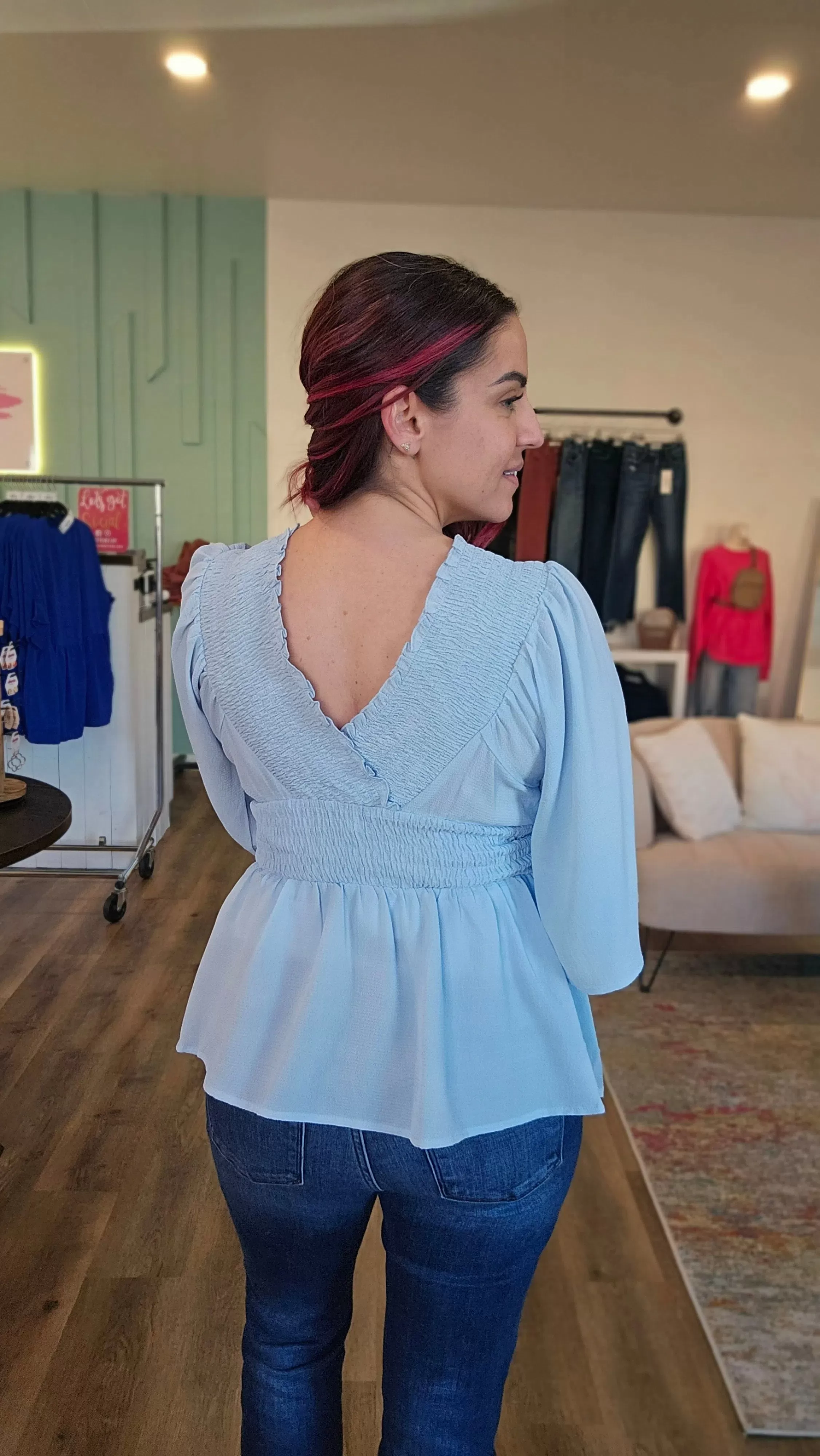 Smocked Surplice Peplum Blouse - Baby Blue