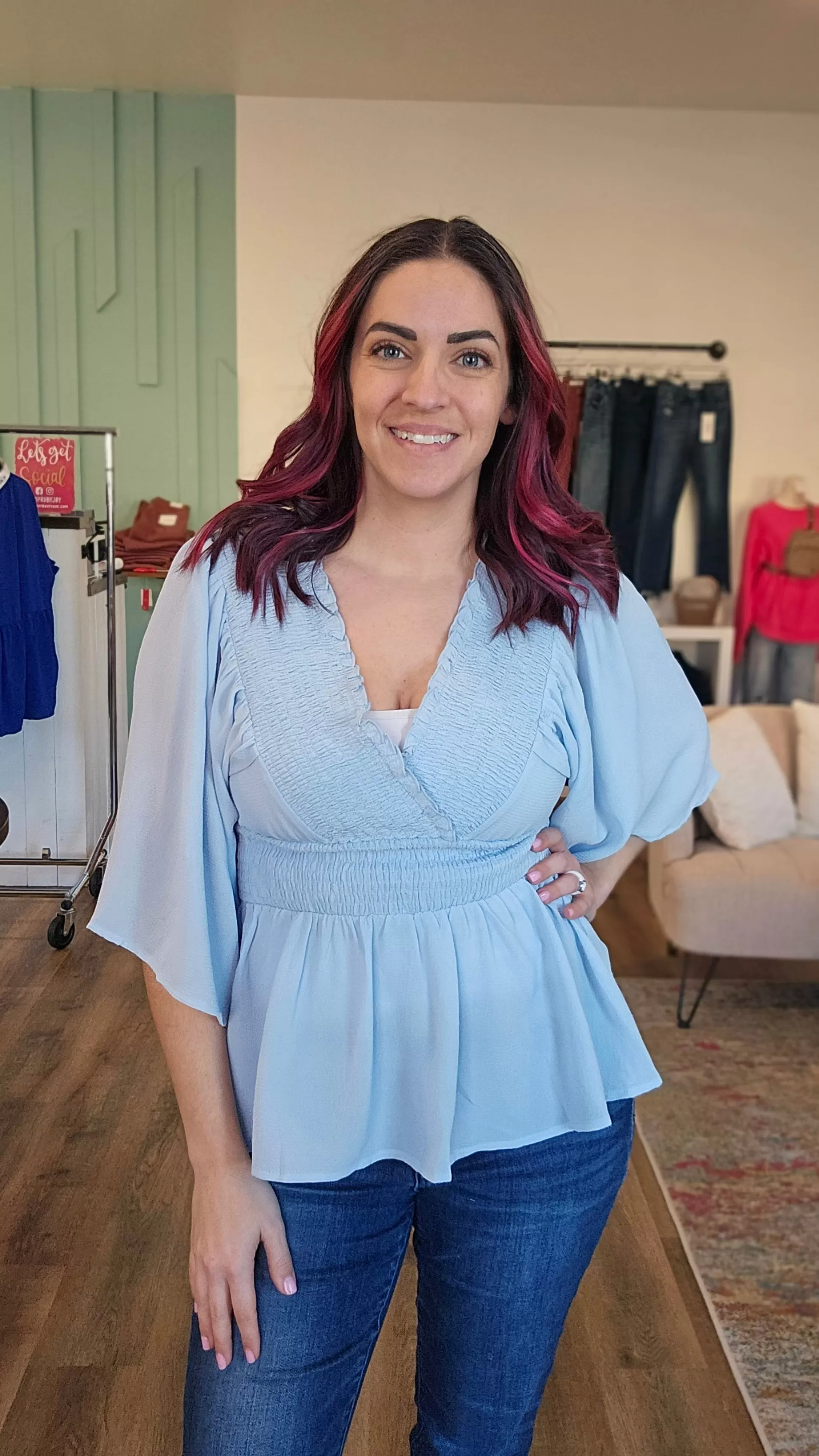 Smocked Surplice Peplum Blouse - Baby Blue