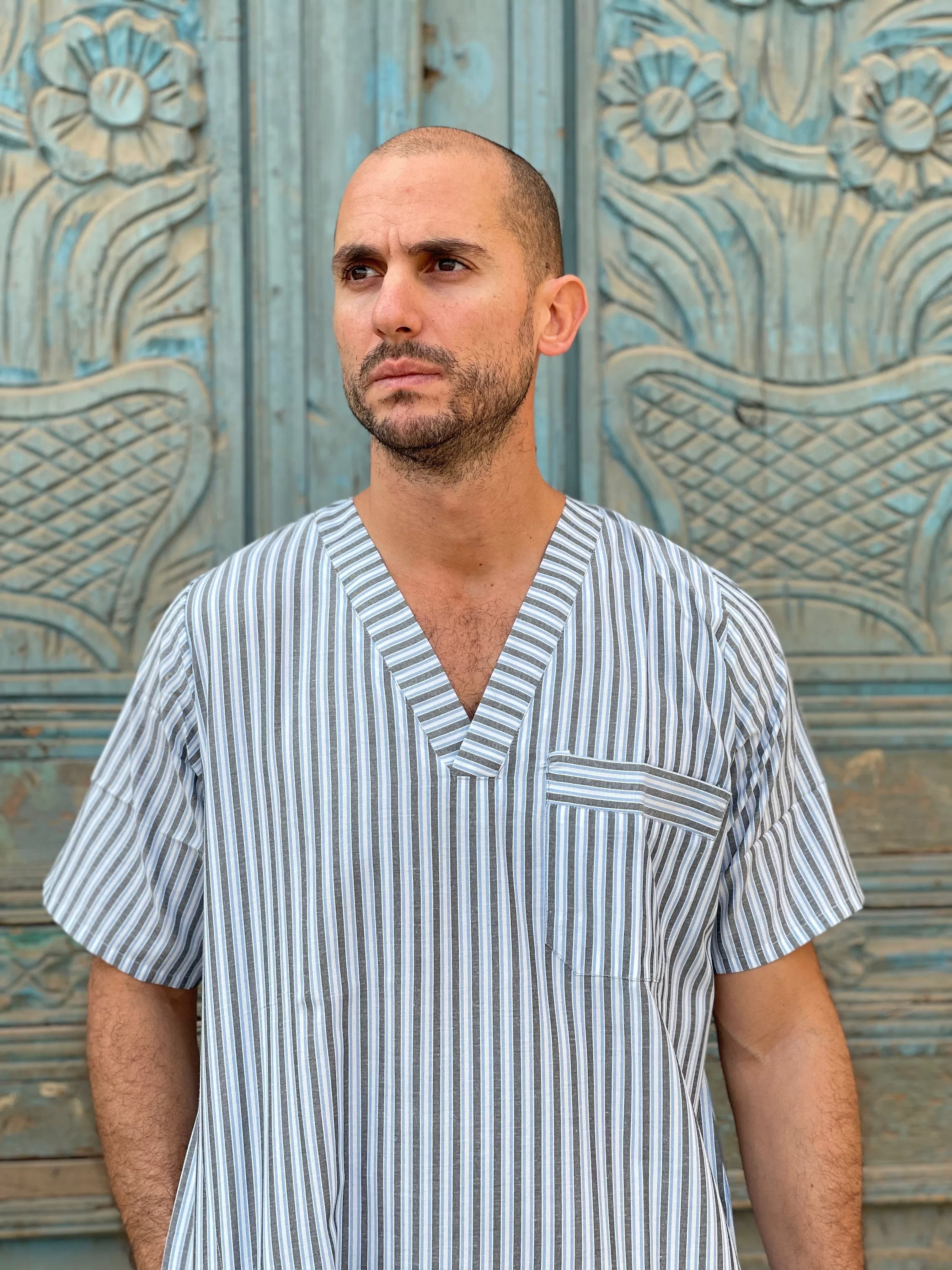 Striped Men's Kaftan, Short sleeve Men's kaftan, Cotton men caftan, caftans for men,  men clothing, gift for men, husband gift, gift for him