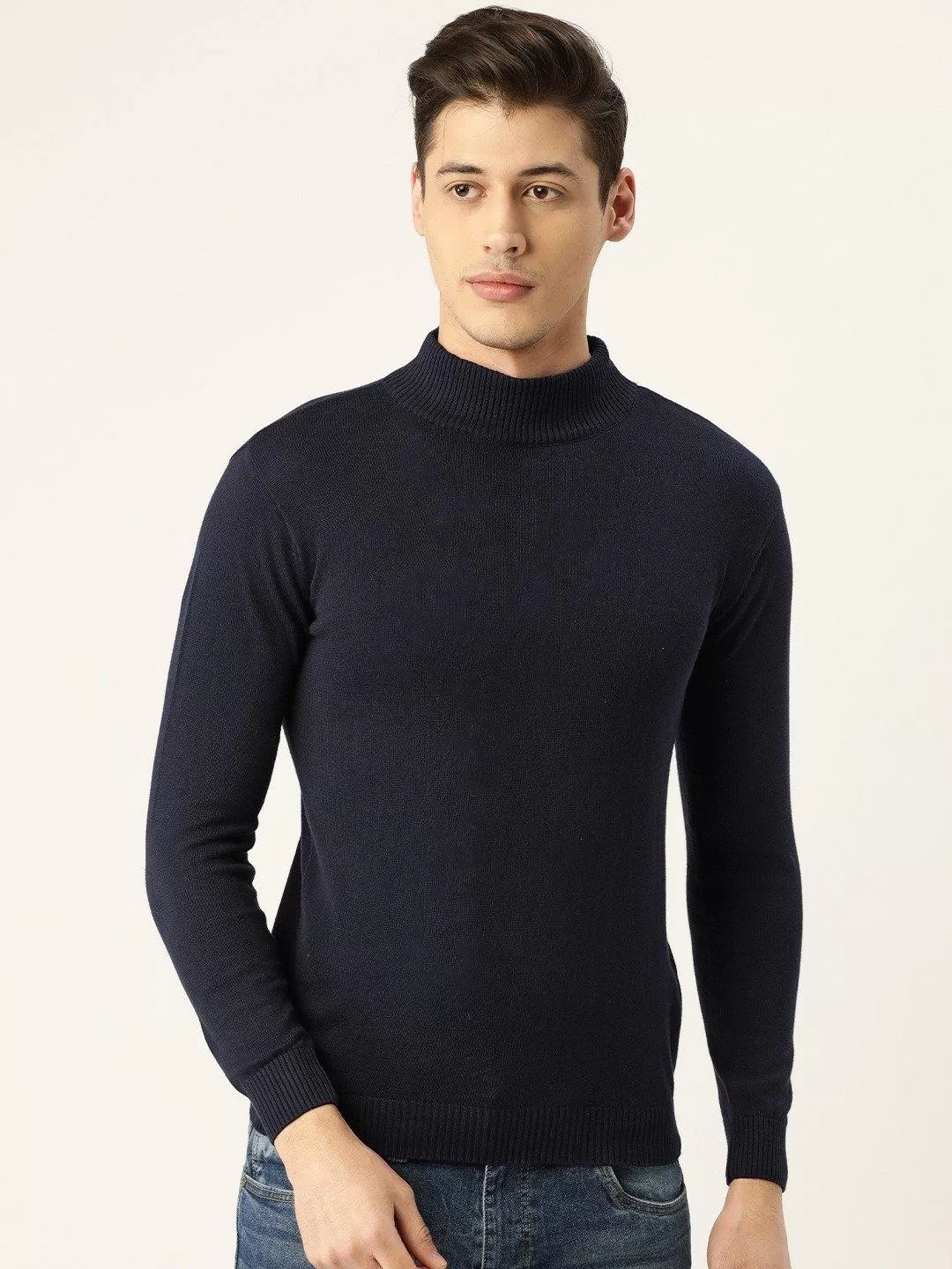 Style Quotient Men Solid Navy Knitted Regular Sweatshirt