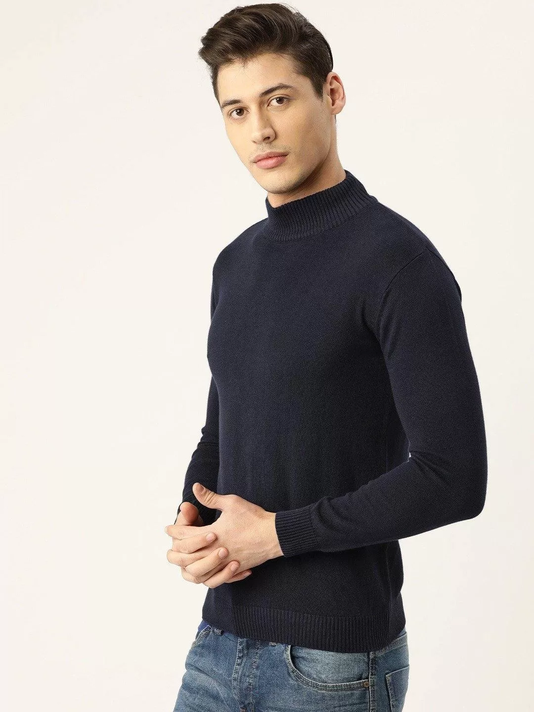 Style Quotient Men Solid Navy Knitted Regular Sweatshirt