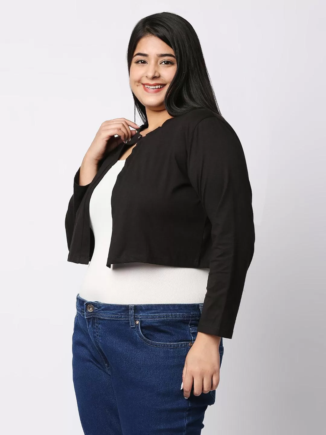 Style Quotient Women Black Solid Cotton Open Front Smart Casual Shrug