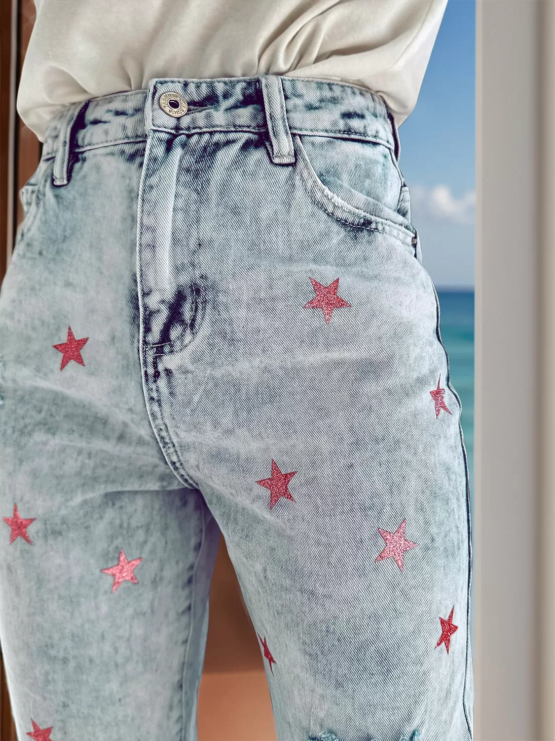 Sunset and Swim  Distressed Star Jeans with Pockets