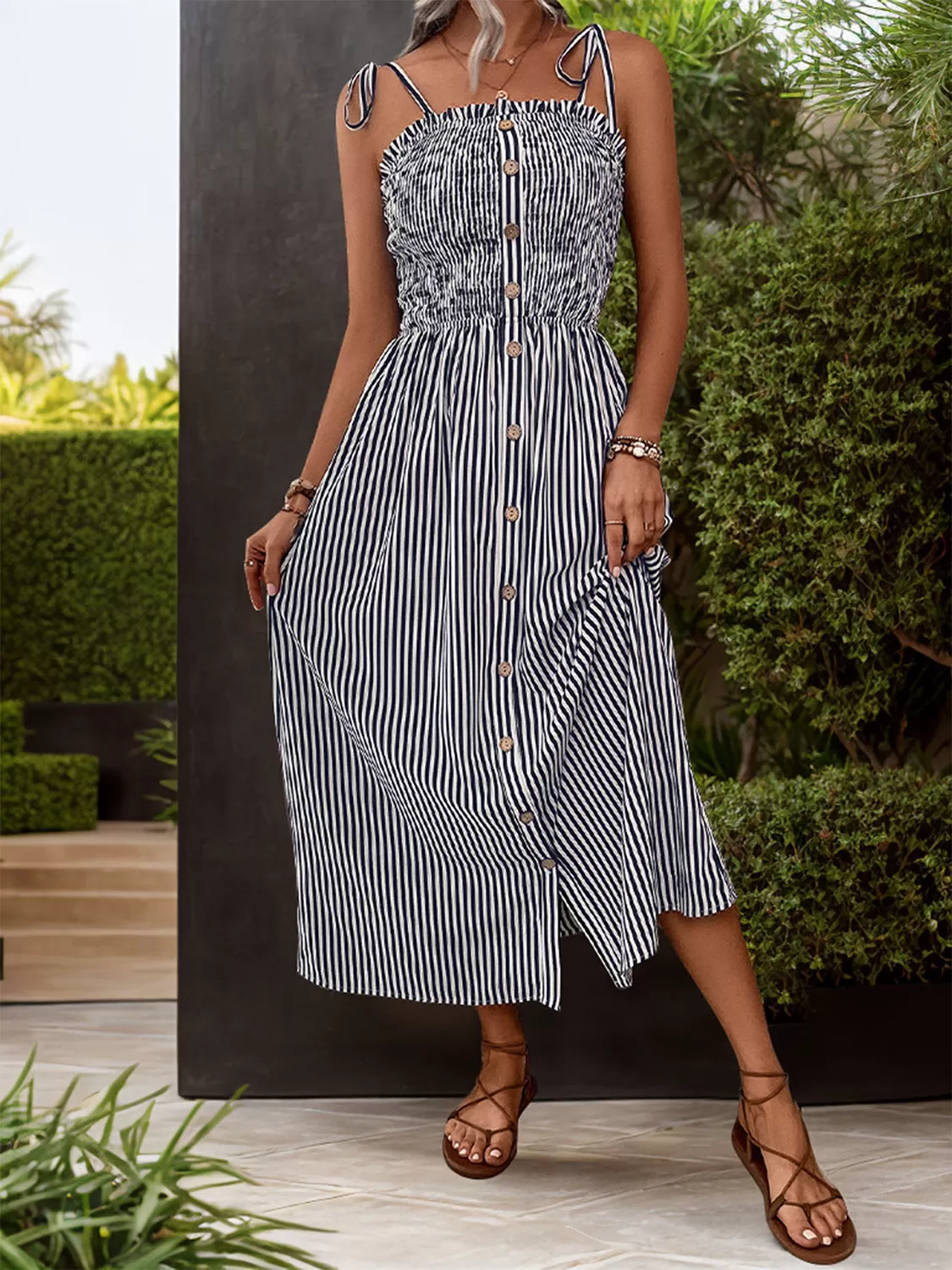 Sunset and Swim  Tied Smocked Striped Sleeveless Midi Dress