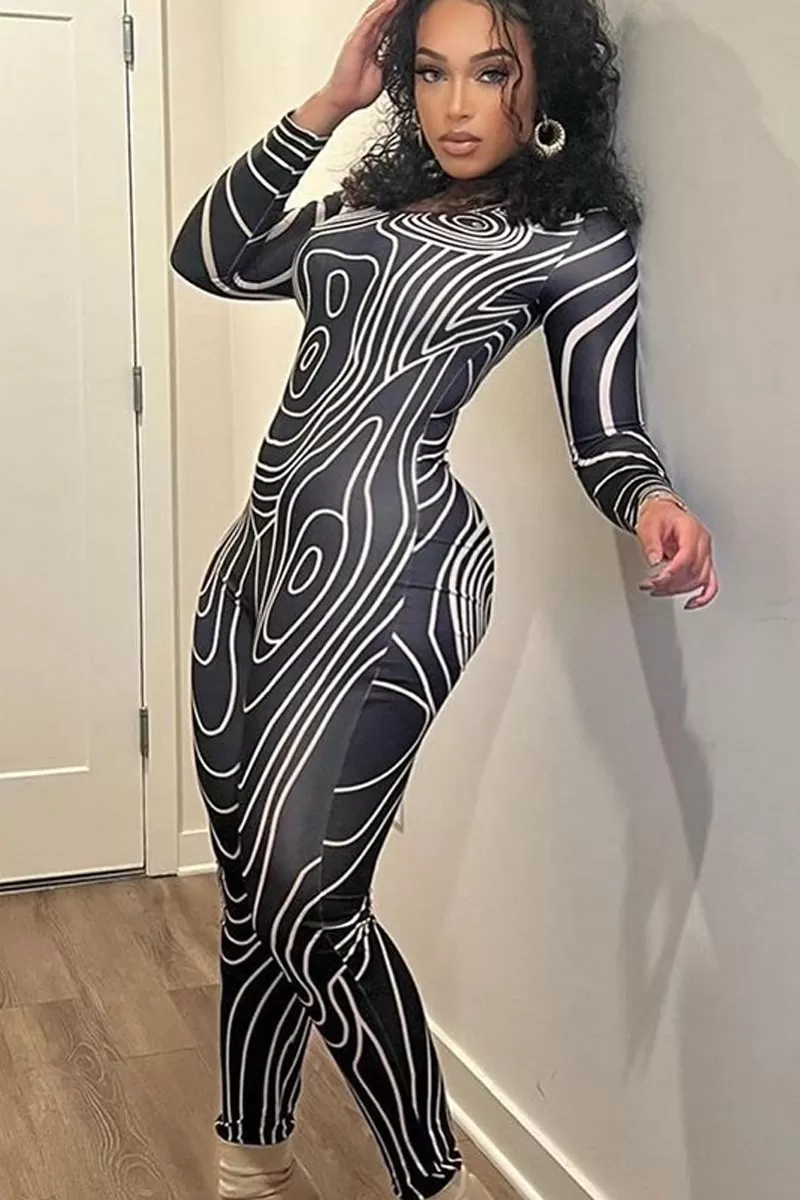 Swirl Round Neck Skinny Jumpsuit Long Sleeve