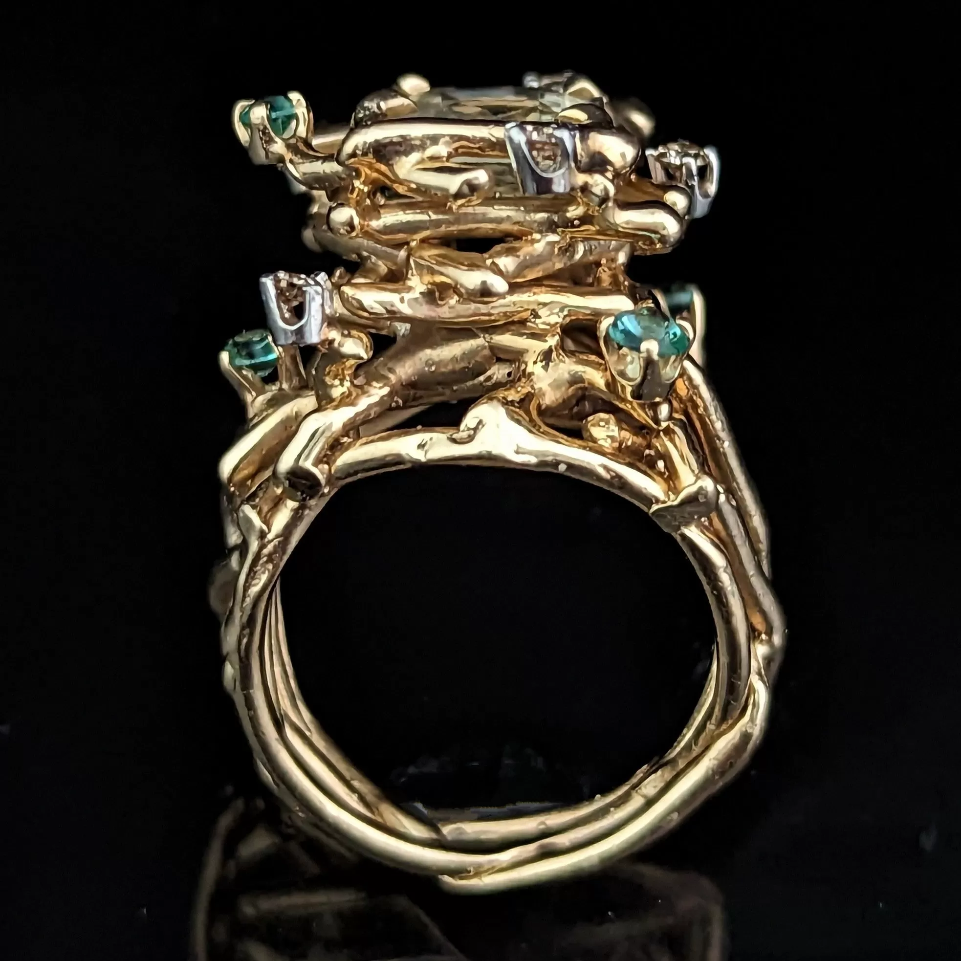 The Winslow - 1970s Brutalist 3.3ct Unheated Yellow Sapphire Emerald Diamond 14k Gold Cocktail Ring GIA