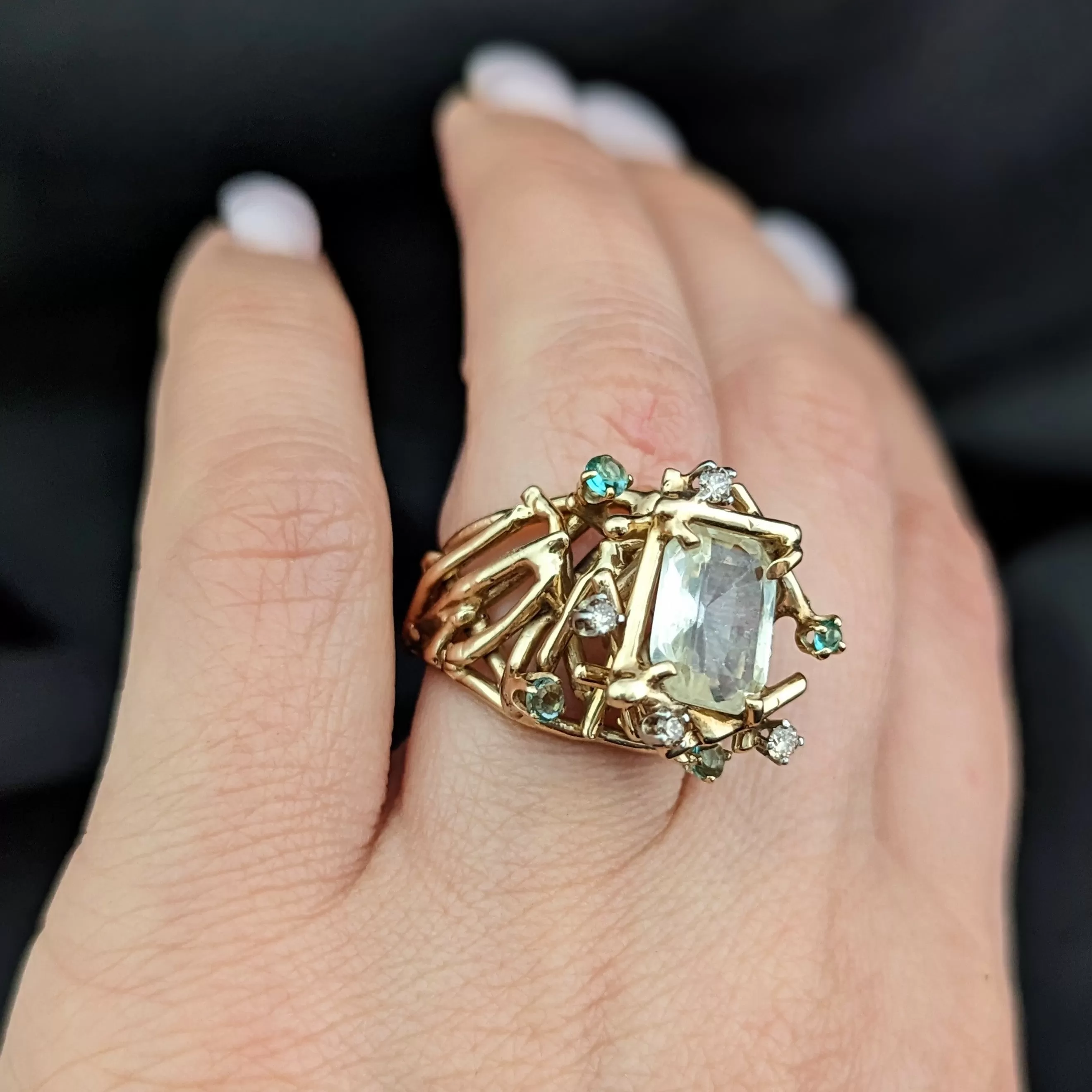 The Winslow - 1970s Brutalist 3.3ct Unheated Yellow Sapphire Emerald Diamond 14k Gold Cocktail Ring GIA