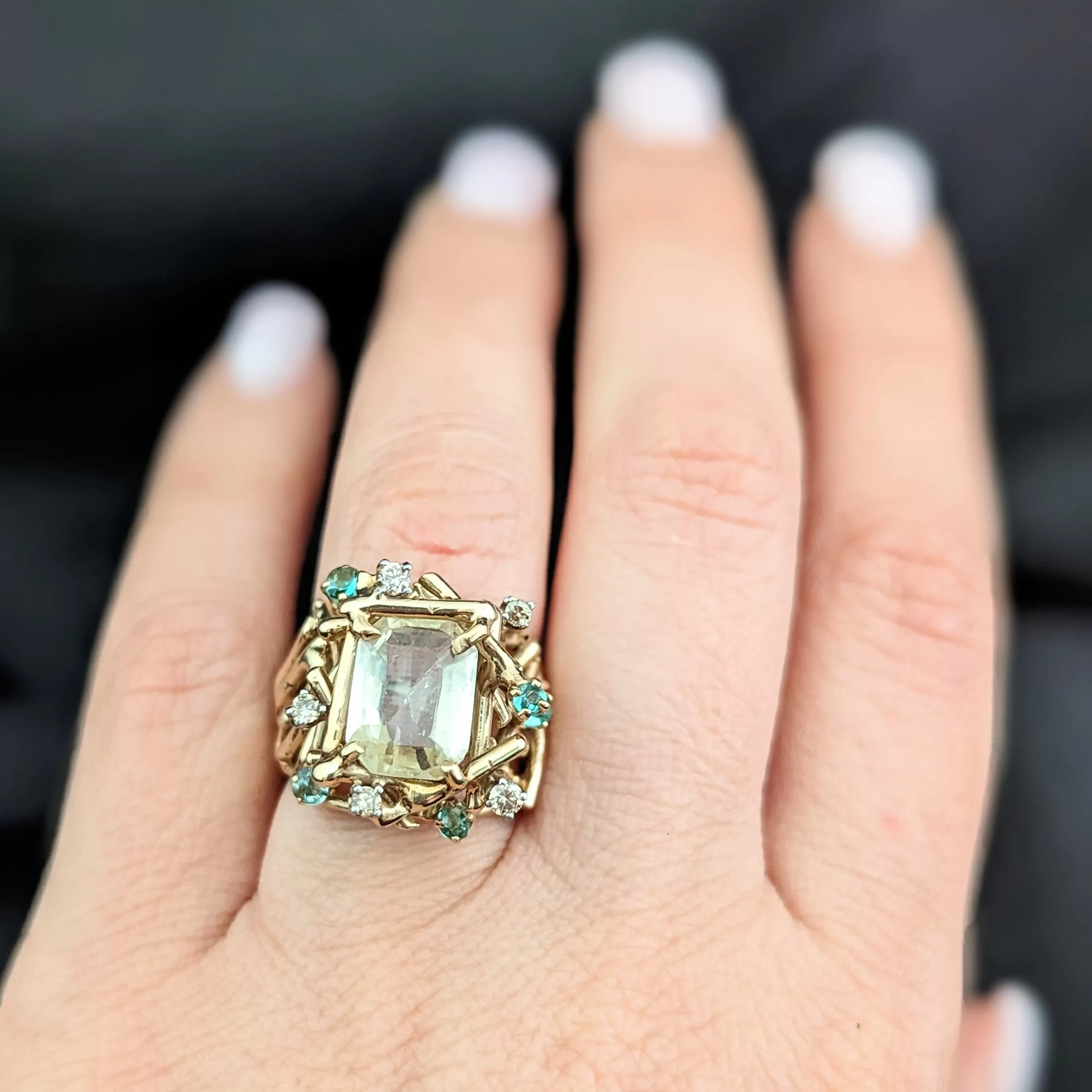 The Winslow - 1970s Brutalist 3.3ct Unheated Yellow Sapphire Emerald Diamond 14k Gold Cocktail Ring GIA