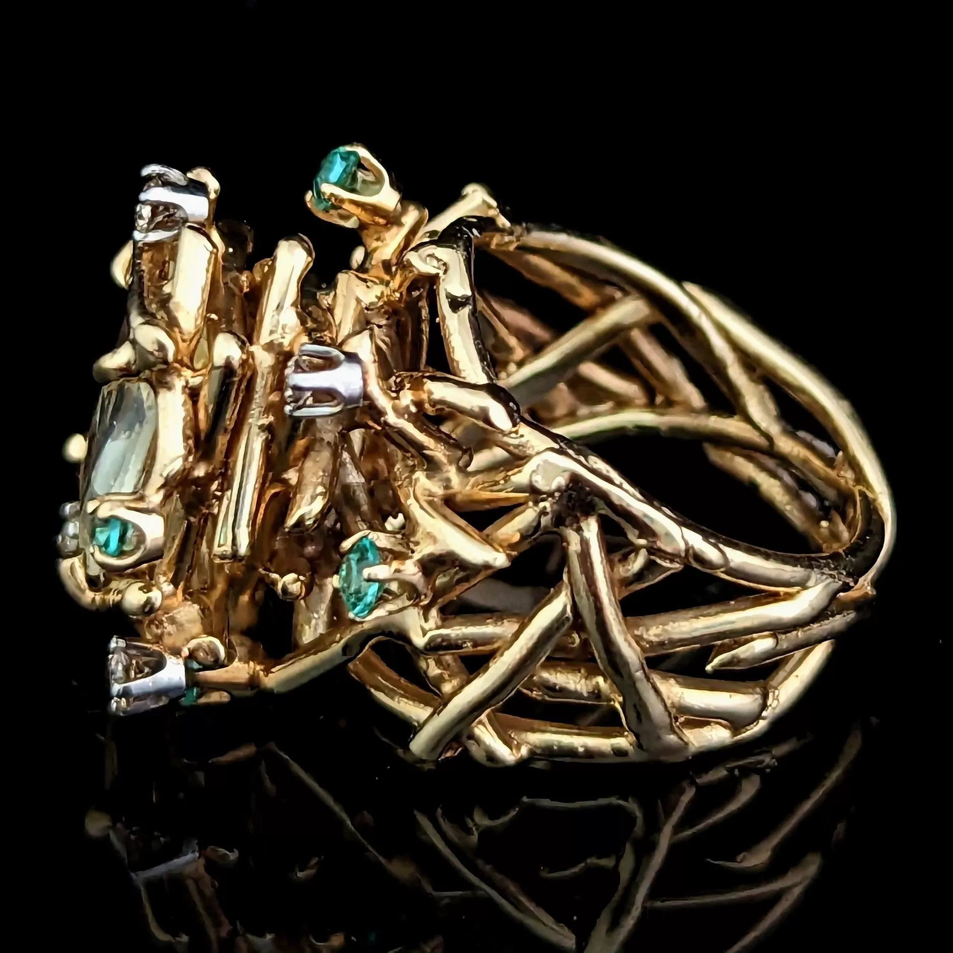 The Winslow - 1970s Brutalist 3.3ct Unheated Yellow Sapphire Emerald Diamond 14k Gold Cocktail Ring GIA