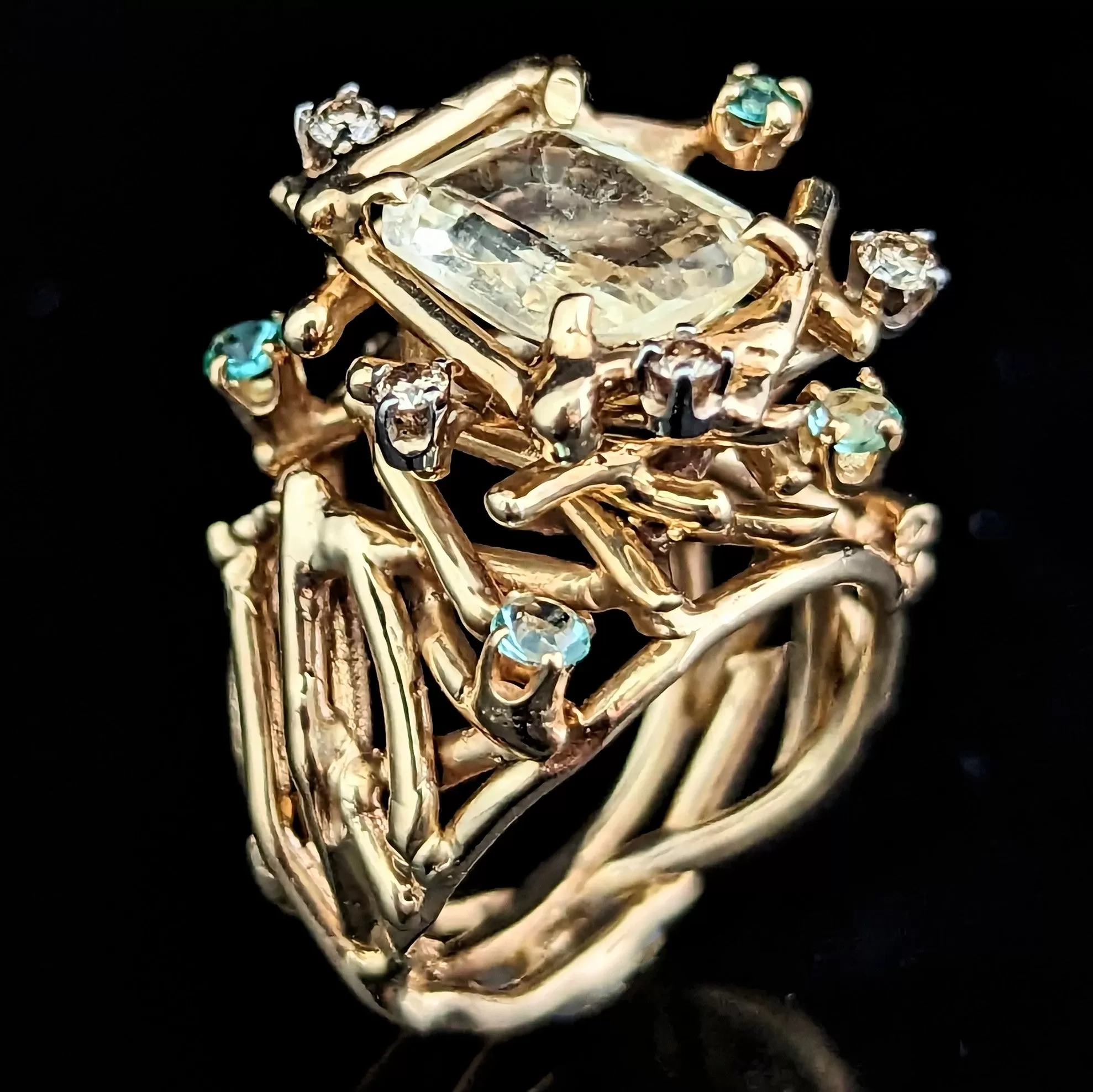 The Winslow - 1970s Brutalist 3.3ct Unheated Yellow Sapphire Emerald Diamond 14k Gold Cocktail Ring GIA