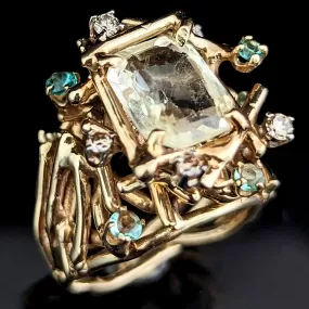 The Winslow - 1970s Brutalist 3.3ct Unheated Yellow Sapphire Emerald Diamond 14k Gold Cocktail Ring GIA