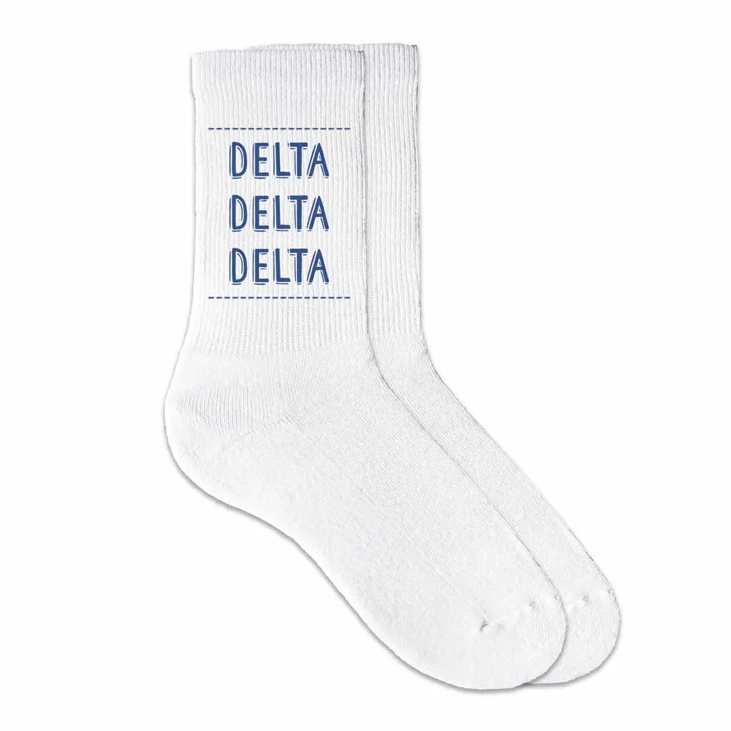 Tri Delta Crew Socks with Delta Delta Delta Name in Sorority Colors