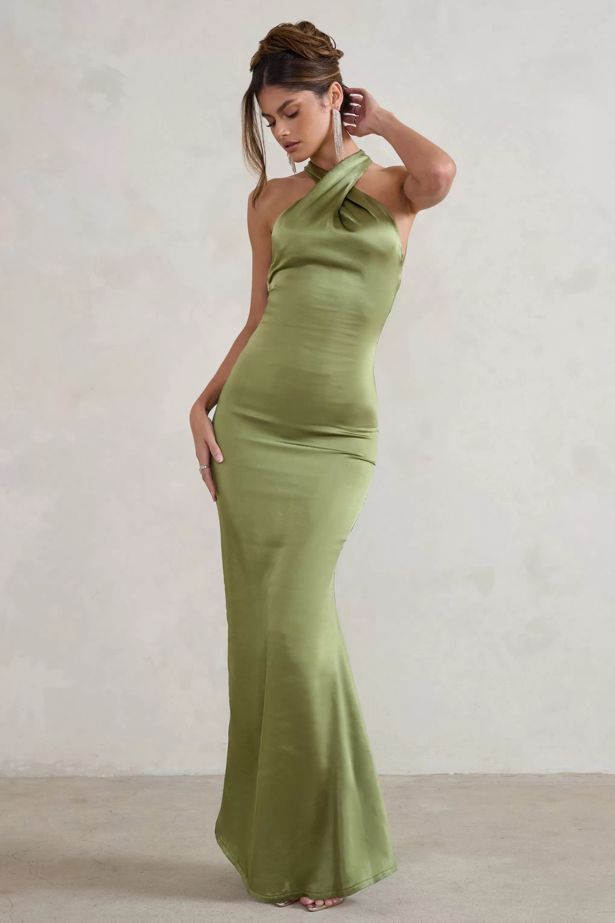 Unstoppable | Olive Green Satin Cross Over Halter Neck Maxi Dress