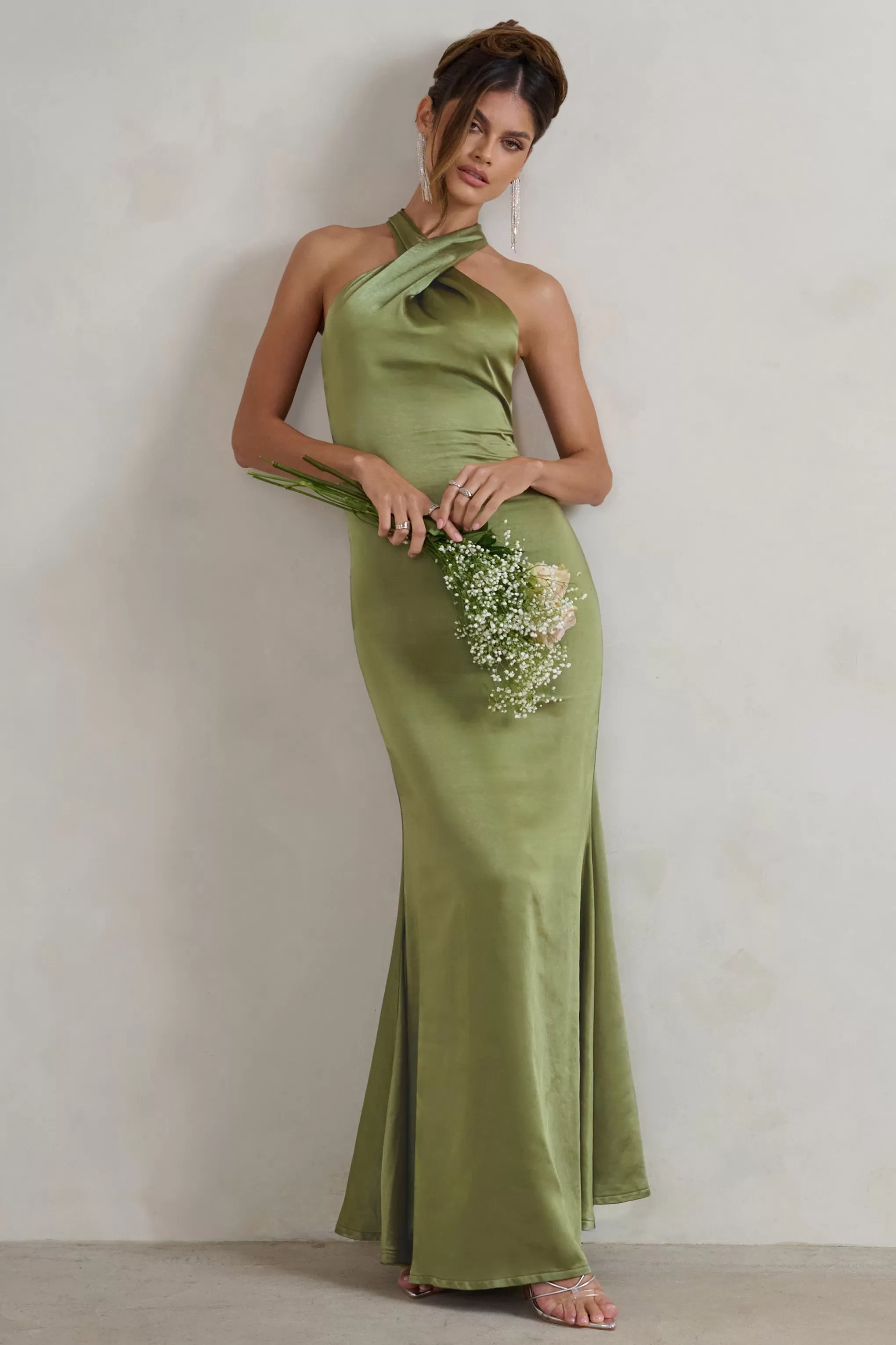 Unstoppable | Olive Green Satin Cross Over Halter Neck Maxi Dress