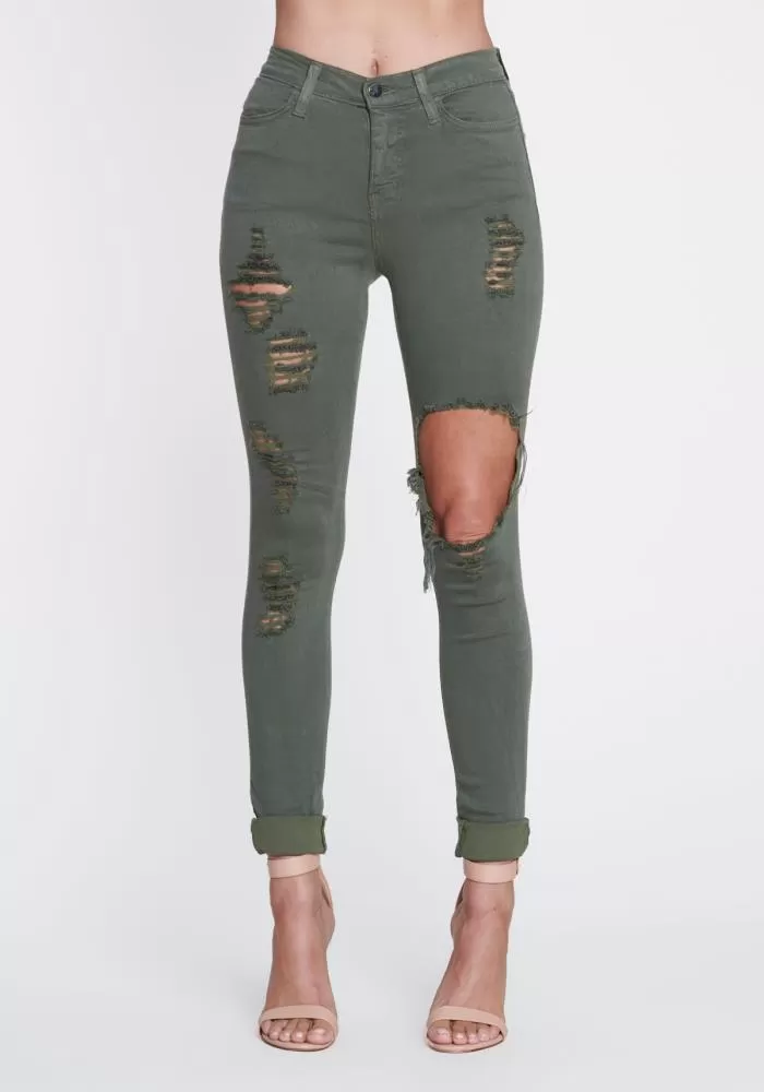 Vibrant Freebird Destroyed Skinny Jeans (Olive) P803