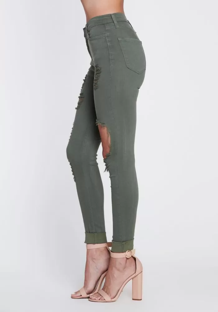 Vibrant Freebird Destroyed Skinny Jeans (Olive) P803