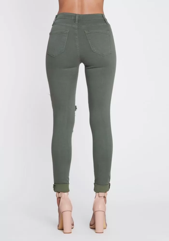 Vibrant Freebird Destroyed Skinny Jeans (Olive) P803