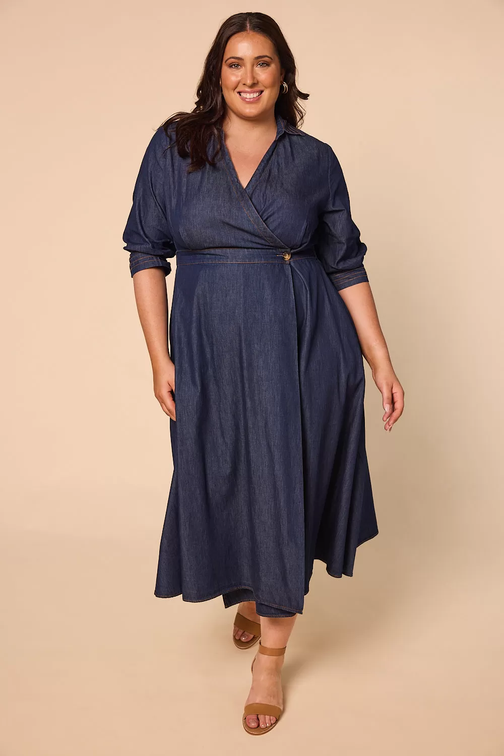 Wendy Chambray Wrap Dress in Dark Wash