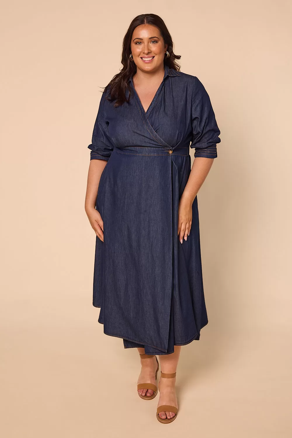 Wendy Chambray Wrap Dress in Dark Wash