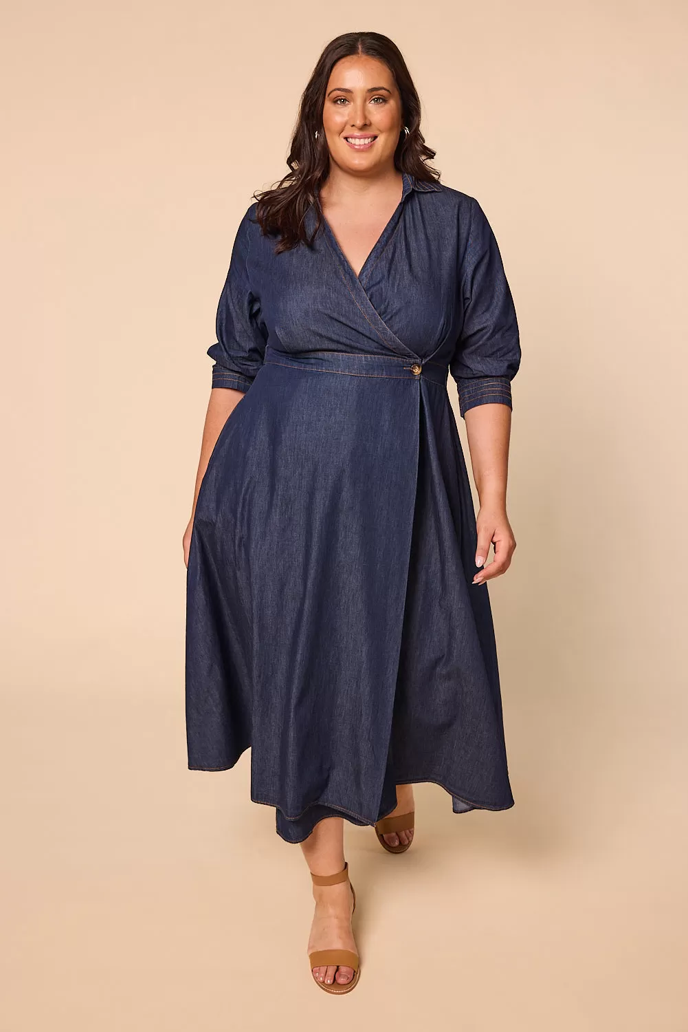 Wendy Chambray Wrap Dress in Dark Wash