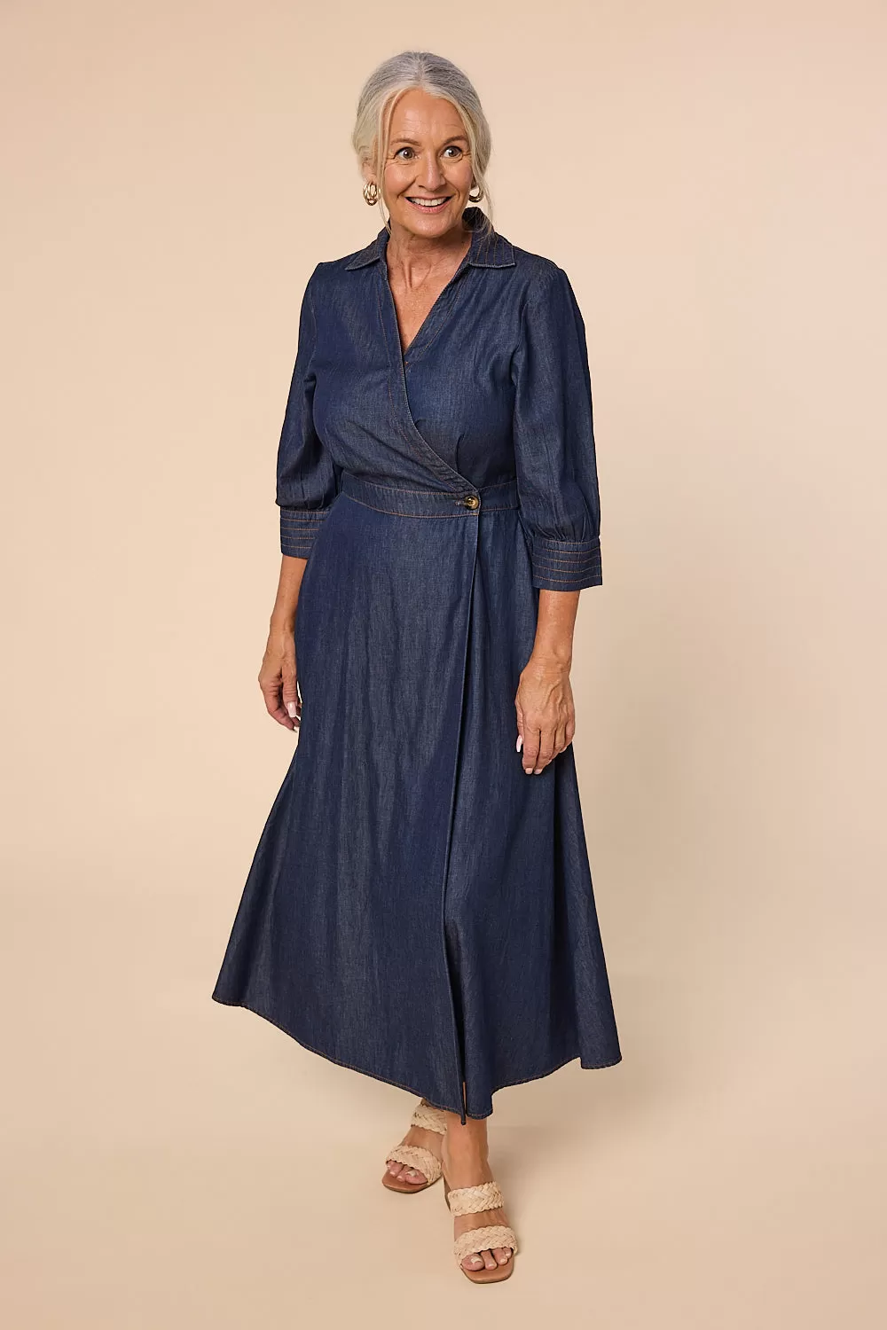 Wendy Chambray Wrap Dress in Dark Wash