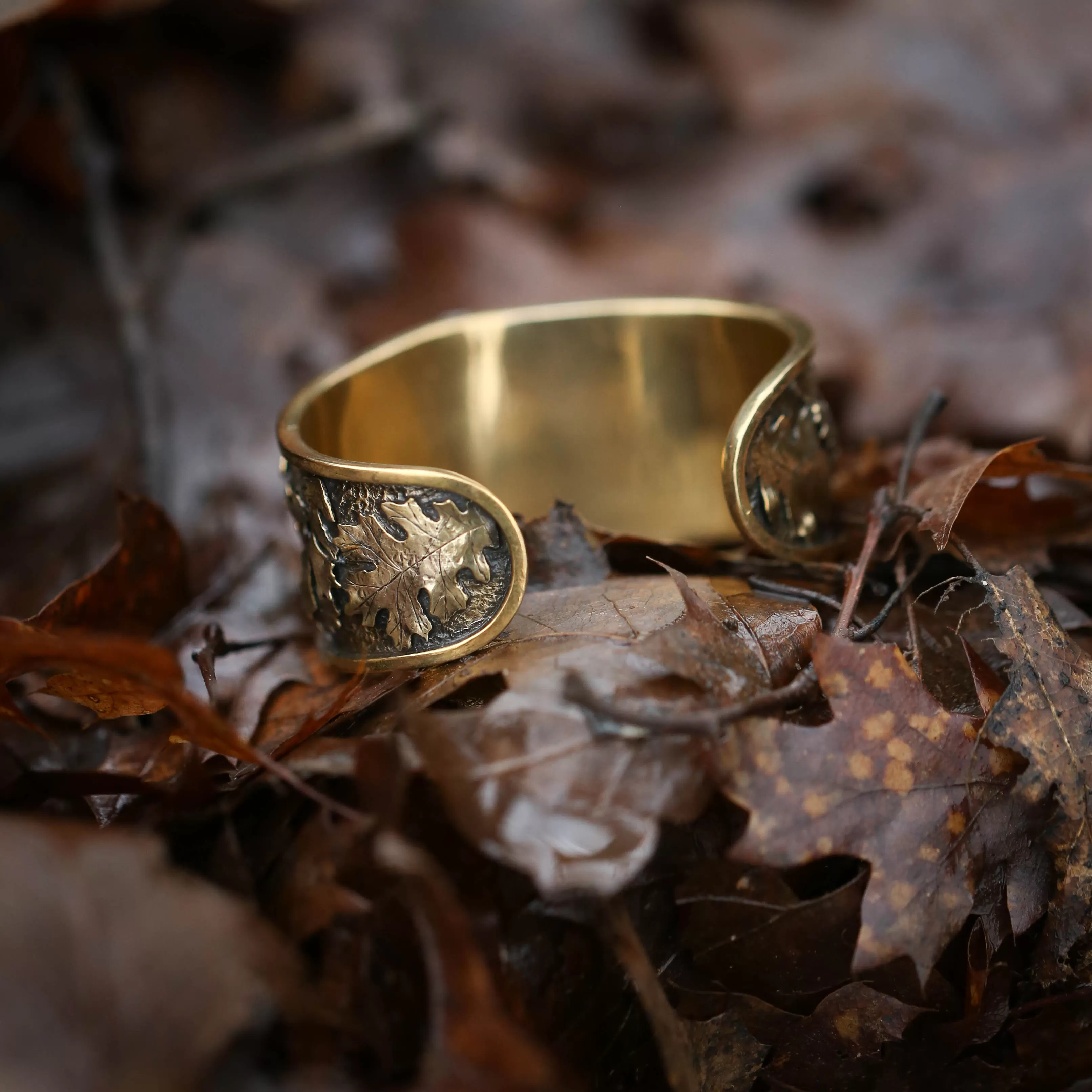 Wild Woods- Golden Sheen Obsidian Bracelet with Brass Oak Leaves