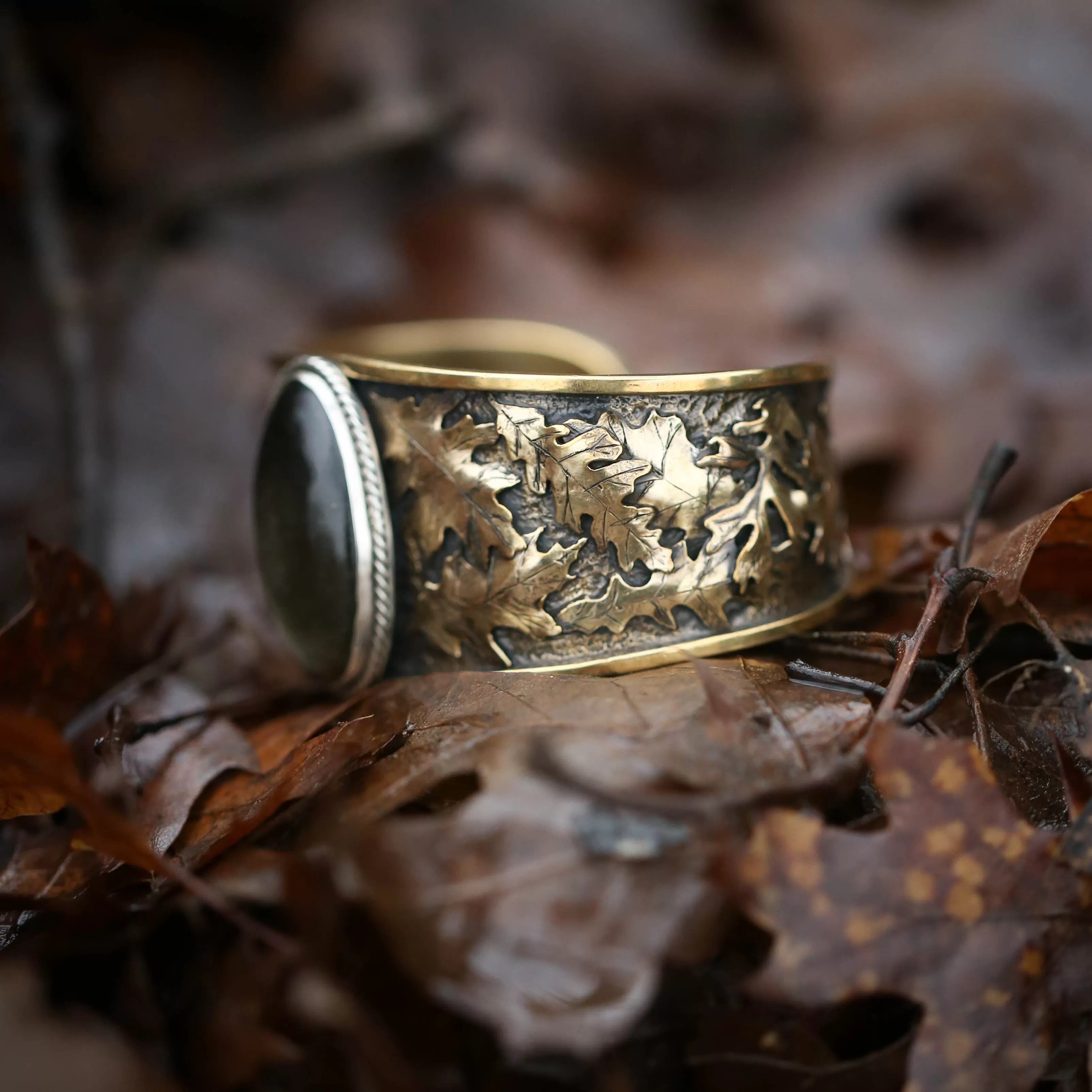 Wild Woods- Golden Sheen Obsidian Bracelet with Brass Oak Leaves