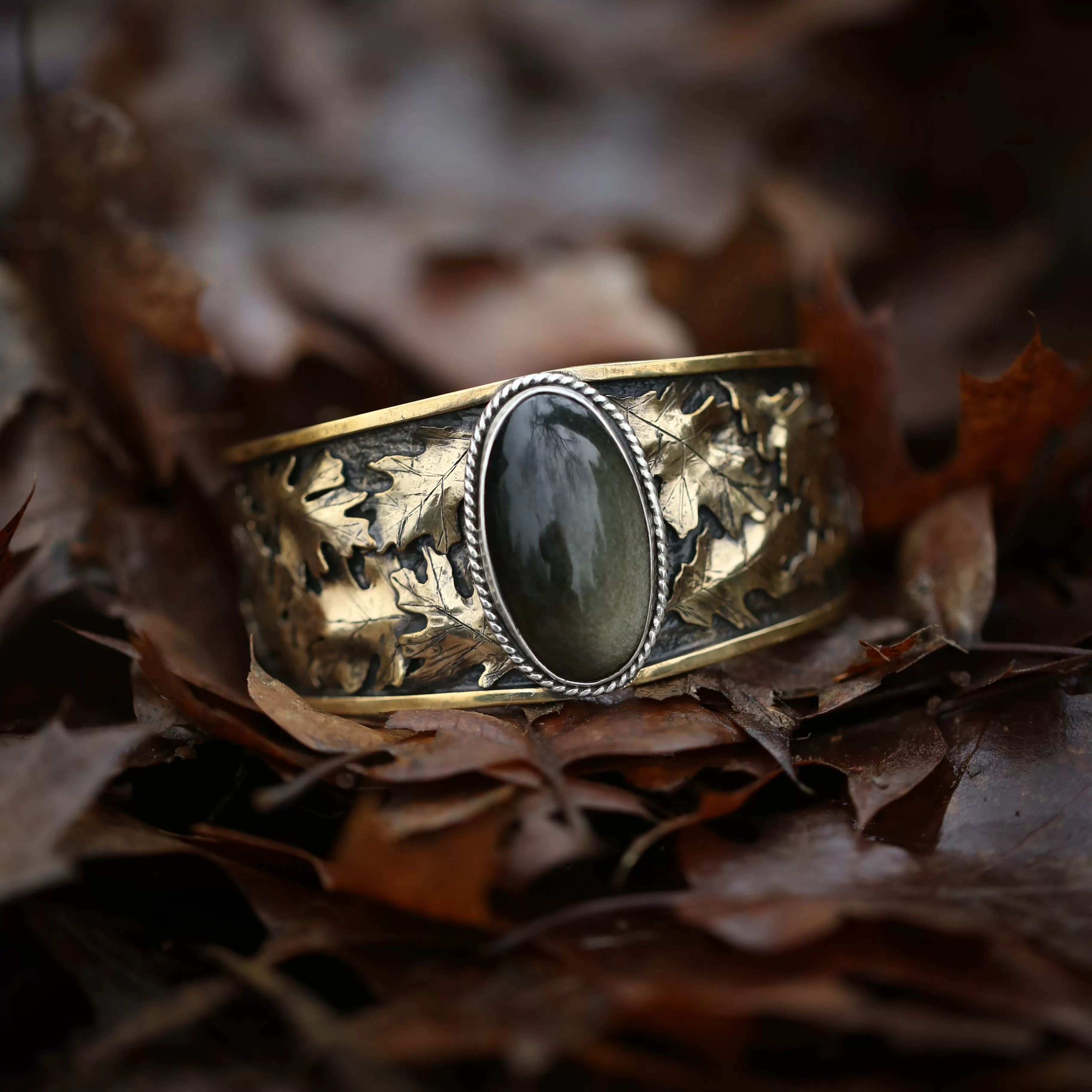 Wild Woods- Golden Sheen Obsidian Bracelet with Brass Oak Leaves