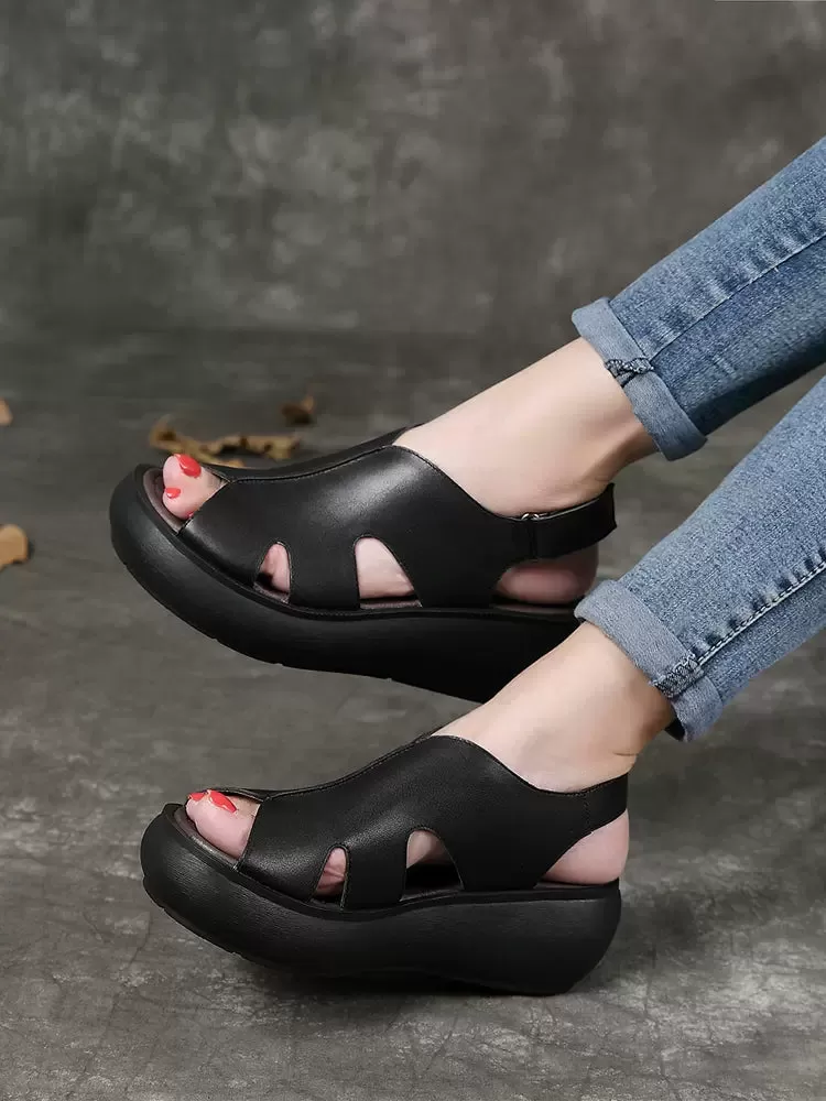 Woman Spring & Summer Retro Casual Leather Wedge Shoes