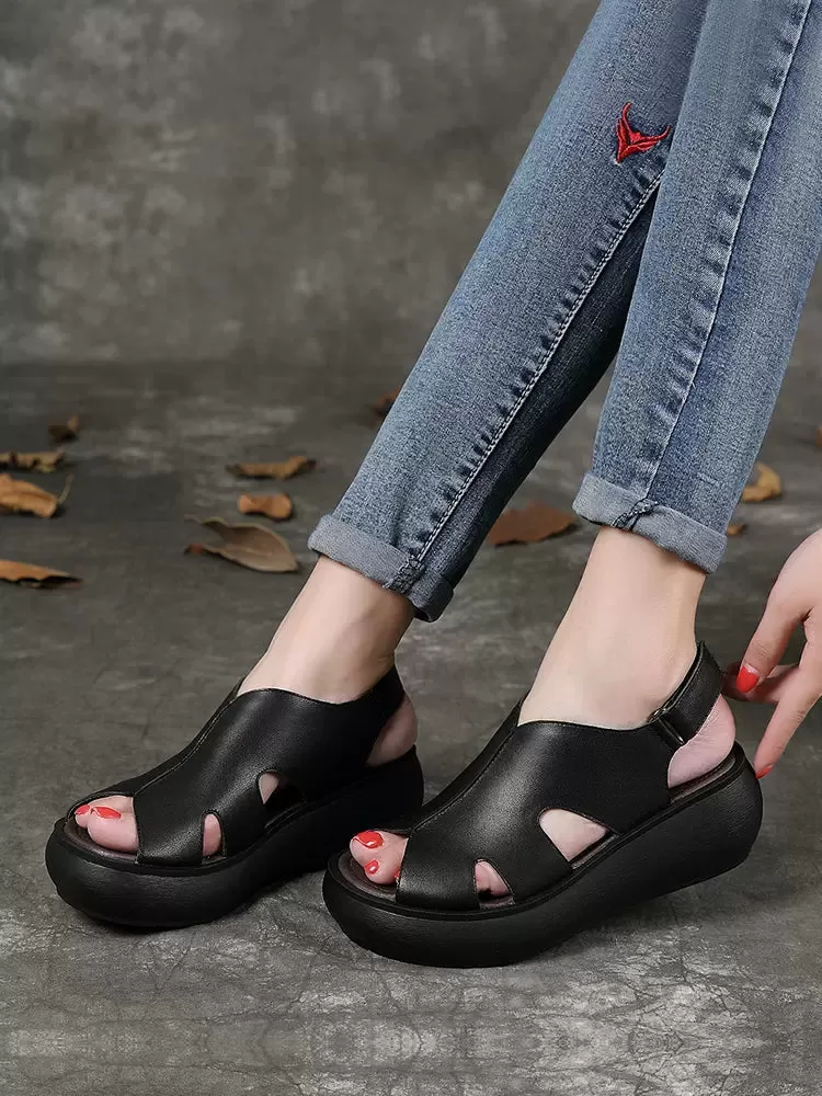 Woman Spring & Summer Retro Casual Leather Wedge Shoes