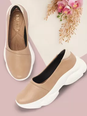 Women Beige Outdoor Fashion Stitched Design Slip On Shoes