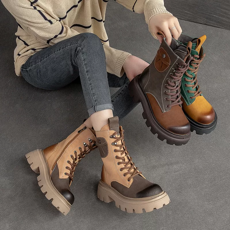 Women Retro Color Matching Patchwork Leather Boots