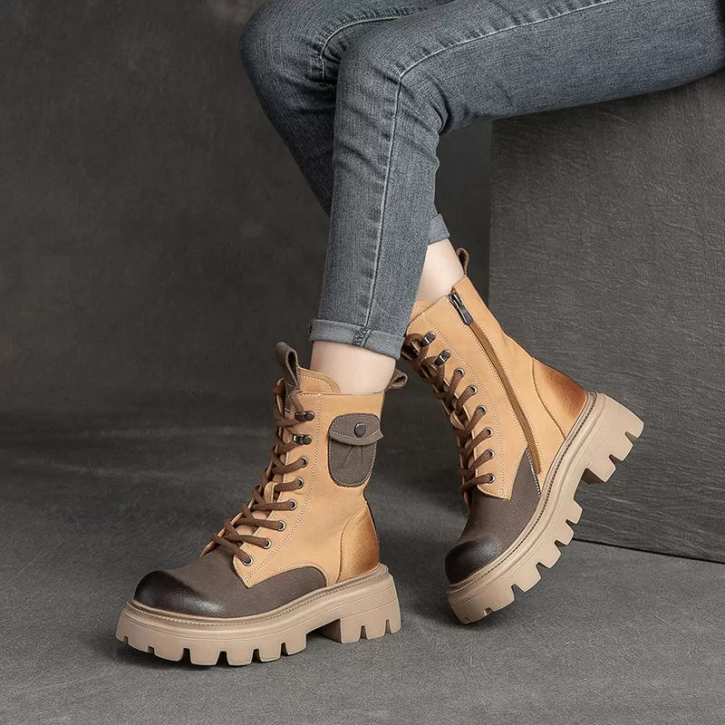 Women Retro Color Matching Patchwork Leather Boots