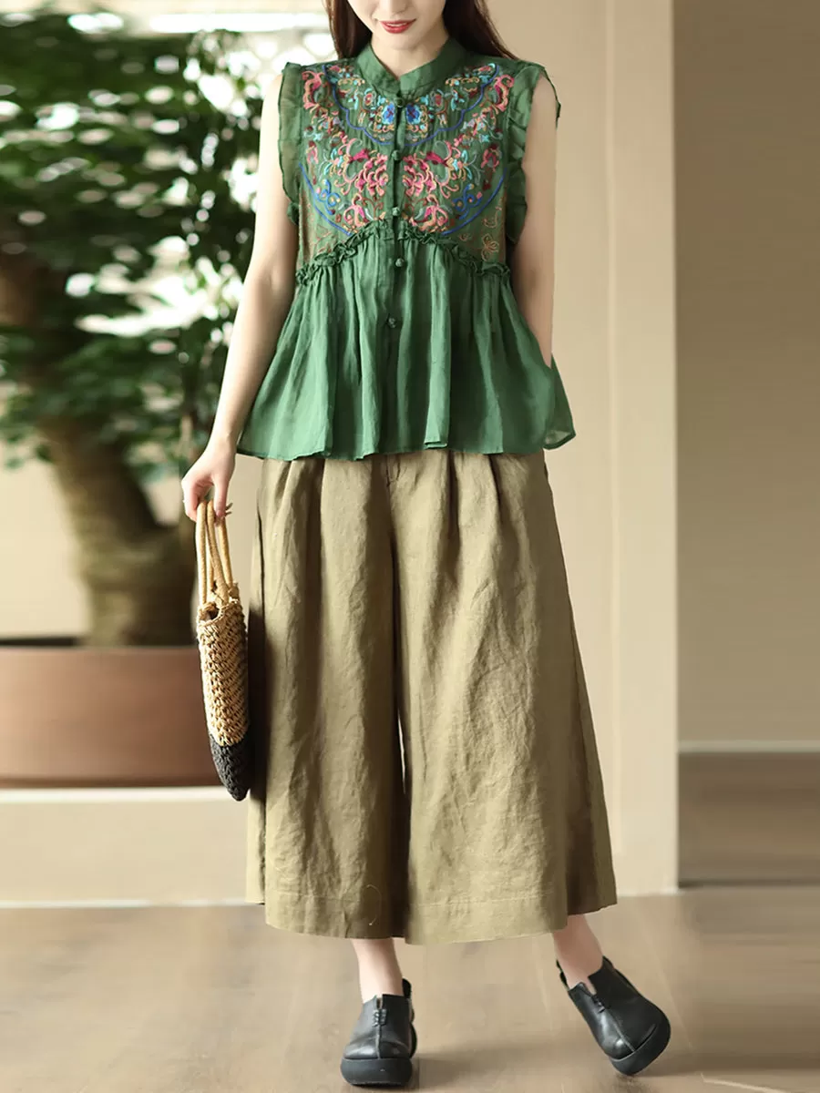 Women Vintage Embroidery Frog Agaric Lace Sleeveless Shirt