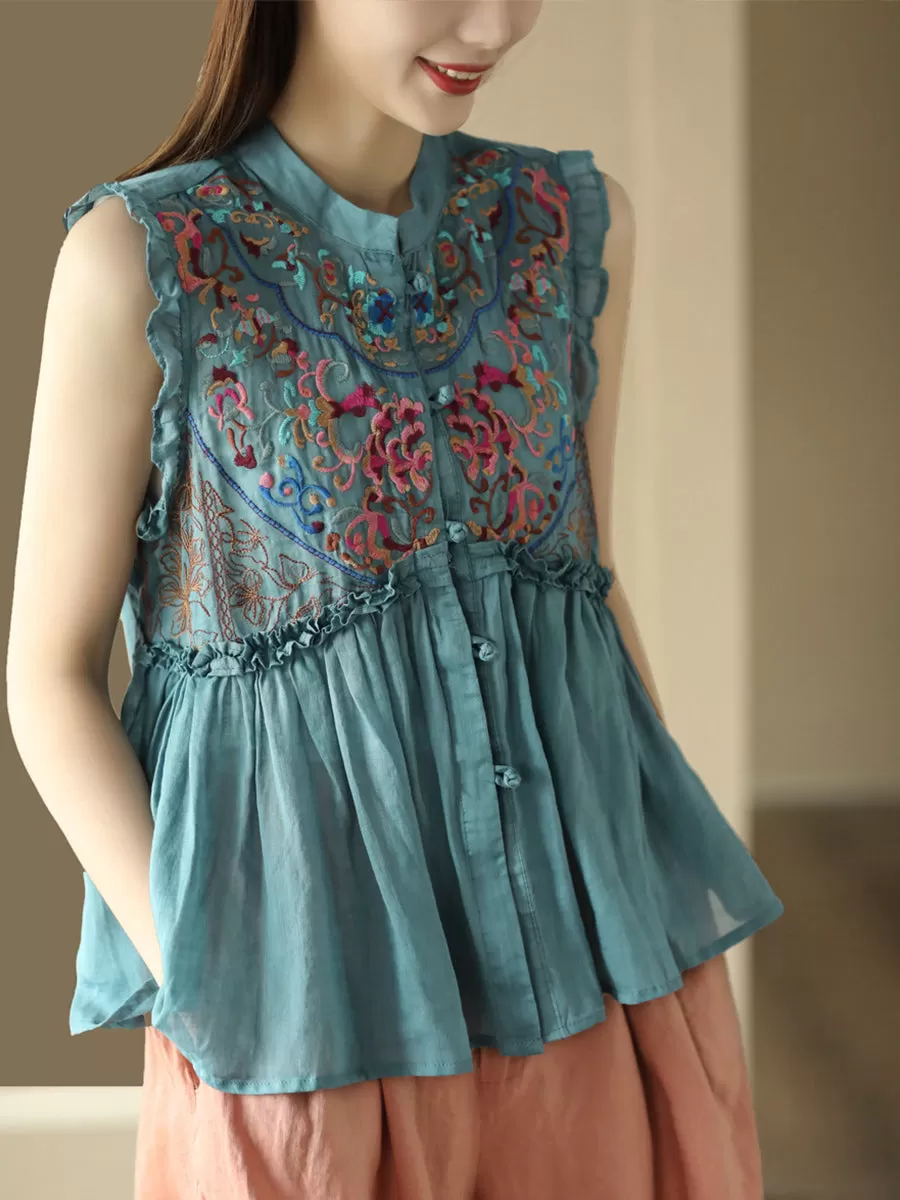 Women Vintage Embroidery Frog Agaric Lace Sleeveless Shirt